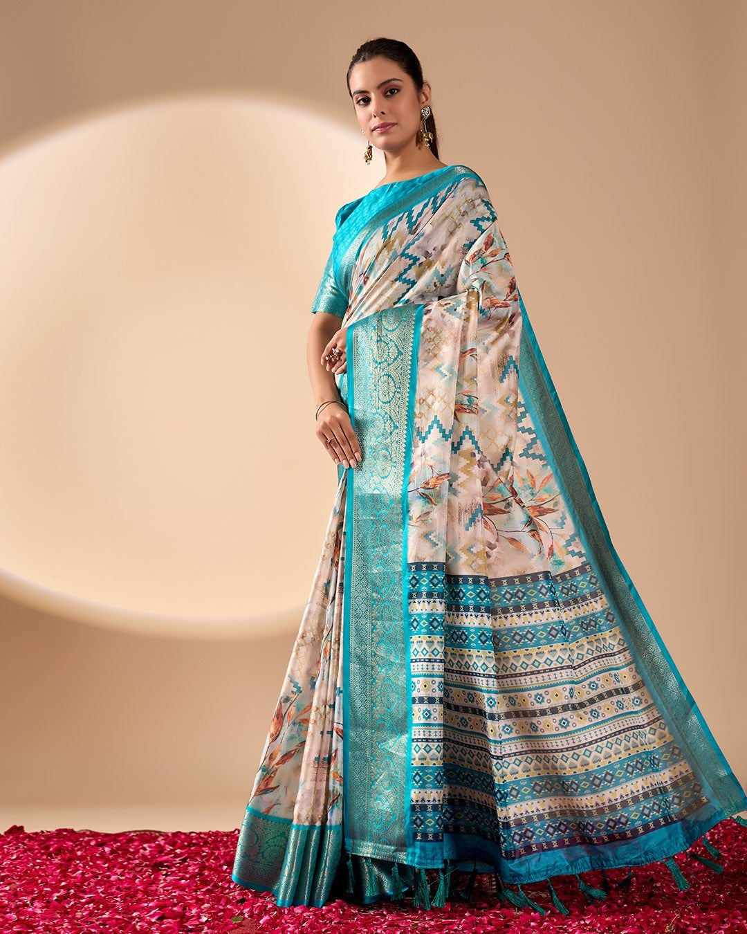 Sea Green Soft Lichi Silk Saree With Digital Printed Elegant Designer Saree