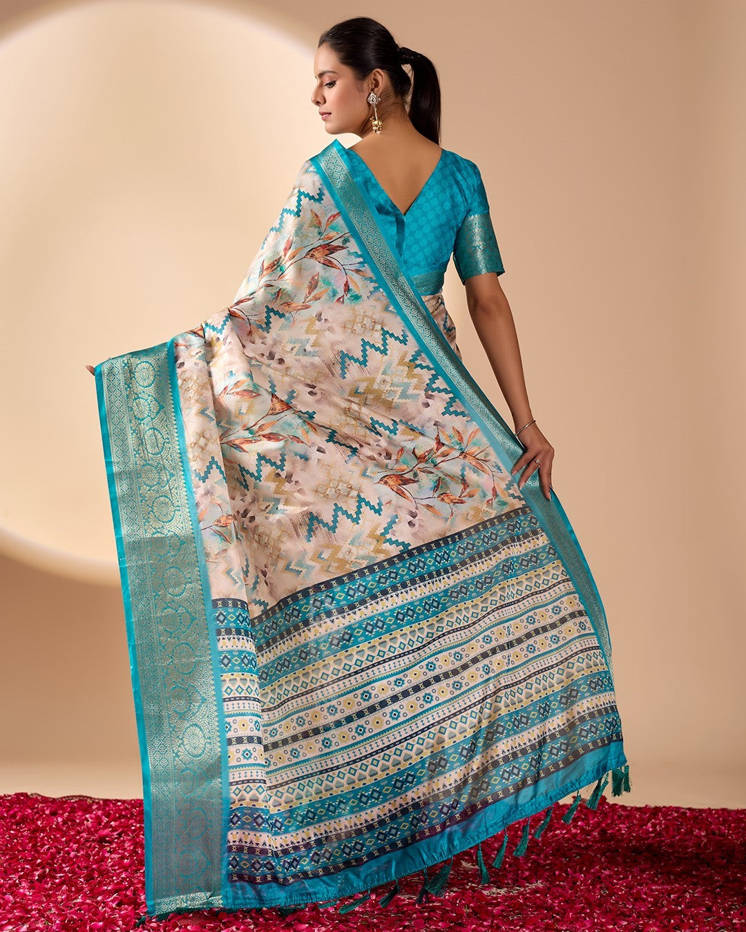 Sea Green Soft Lichi Silk Saree With Digital Printed Elegant Designer Saree