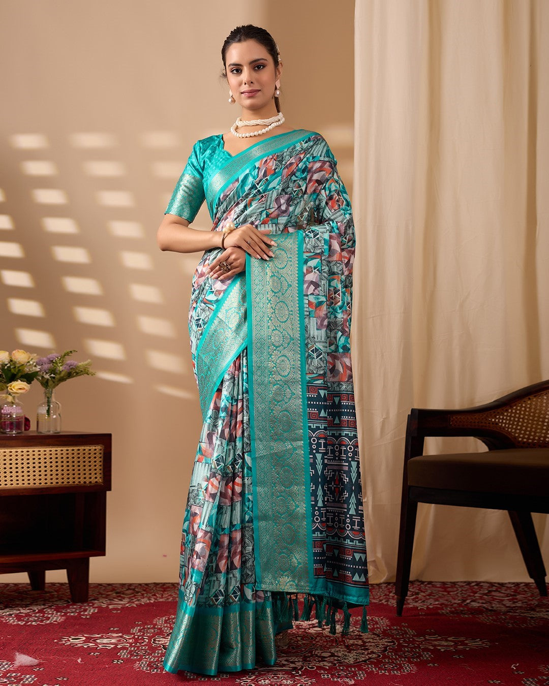 Sea Green Soft Lichi Silk Saree With Digital Printed Premium Festive Saree