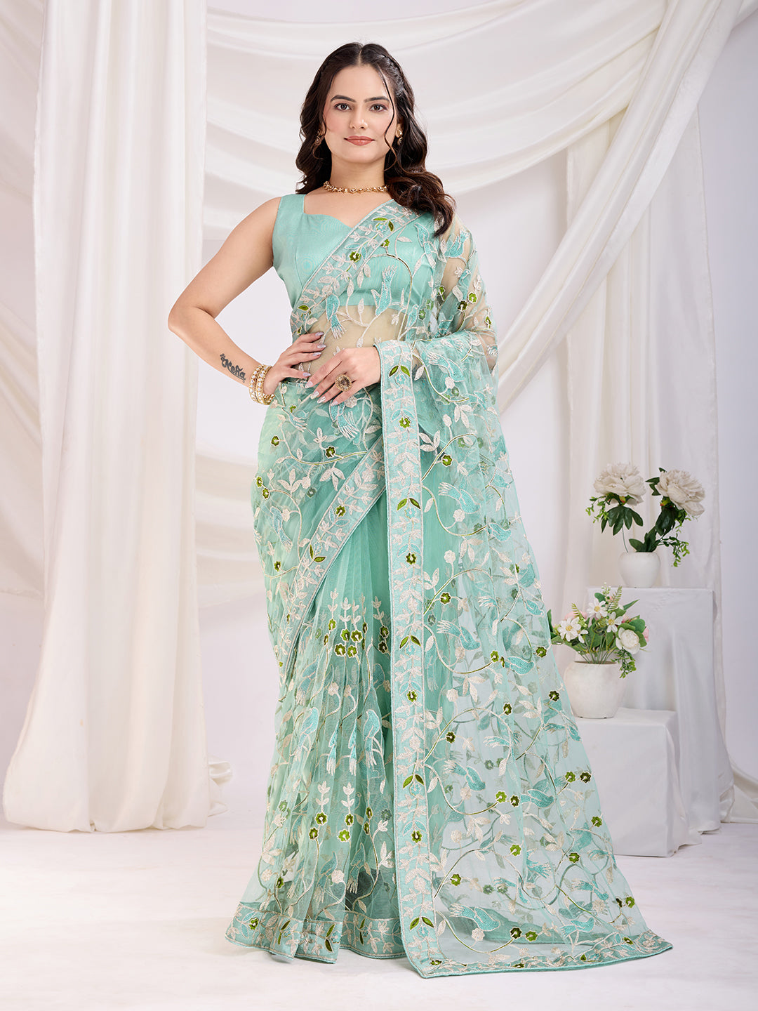 Sea Green Soft Net Designer Thread Embroidery Work Girlie Partywear Saree