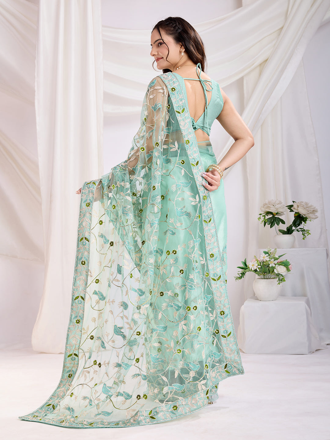 Sea Green Soft Net Designer Thread Embroidery Work Girlie Partywear Saree