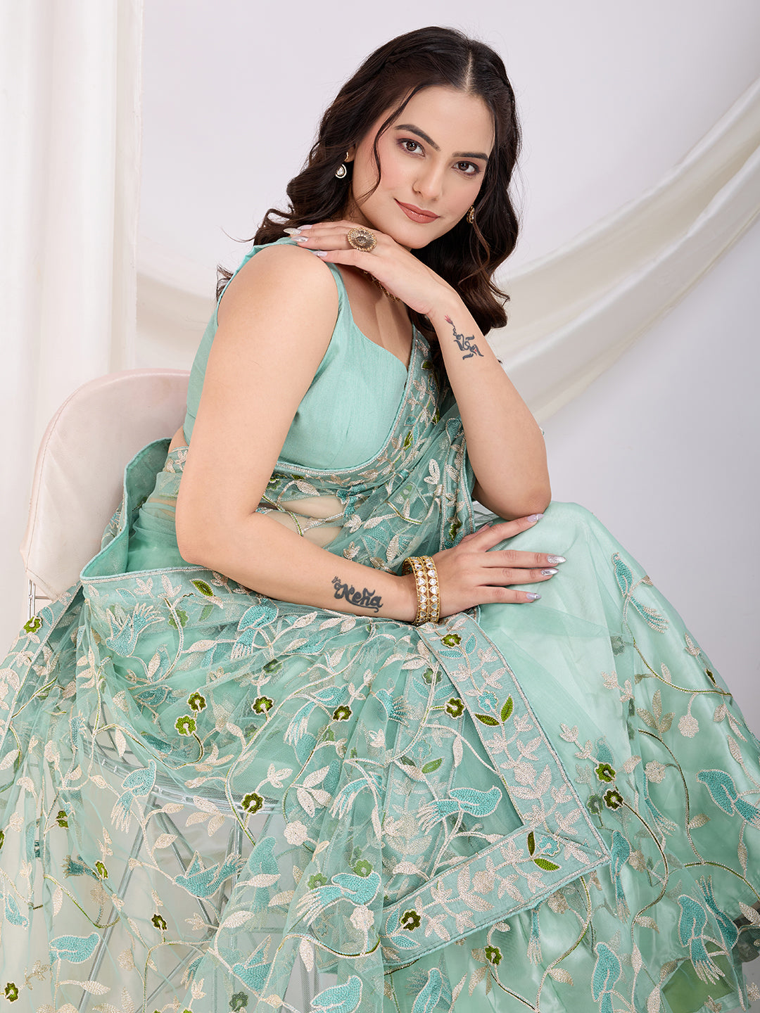 Sea Green Soft Net Designer Thread Embroidery Work Girlie Partywear Saree