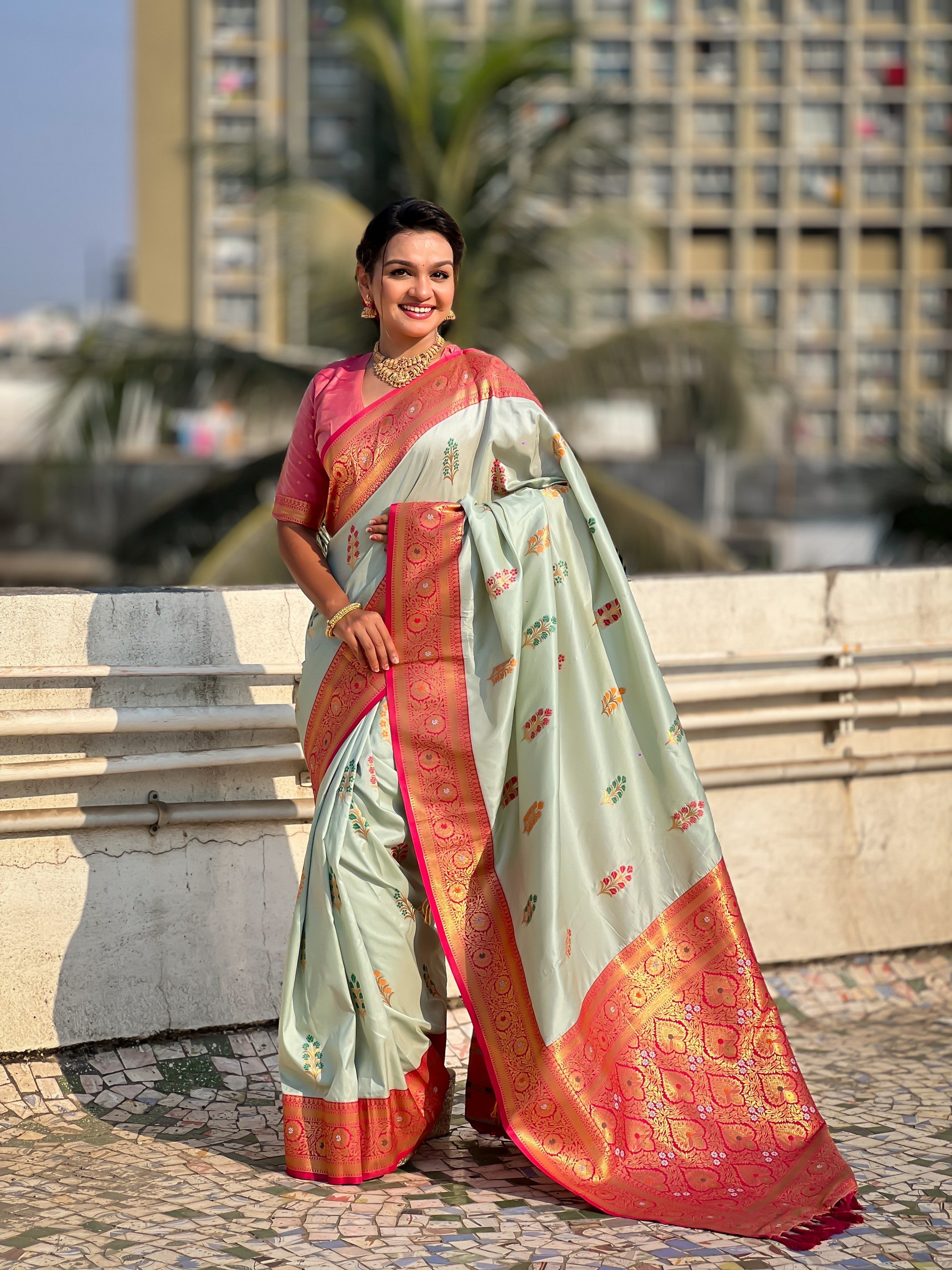 Sea Green Soft Silk Woven Meenakari Designer Heavy Ceremonial Saree