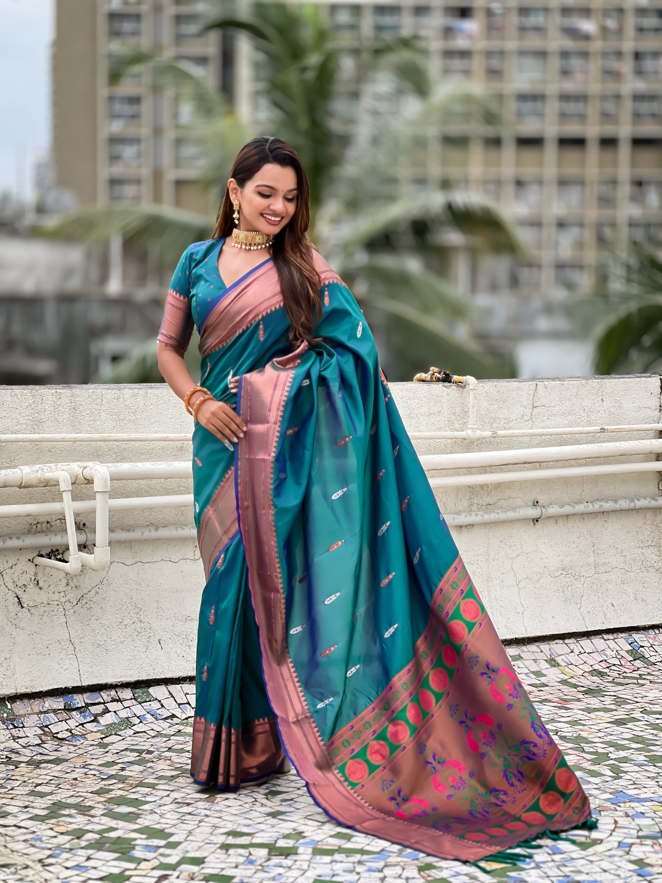 Sea Green Soft Silk Woven Meenakari Designer Rich Looks Saree