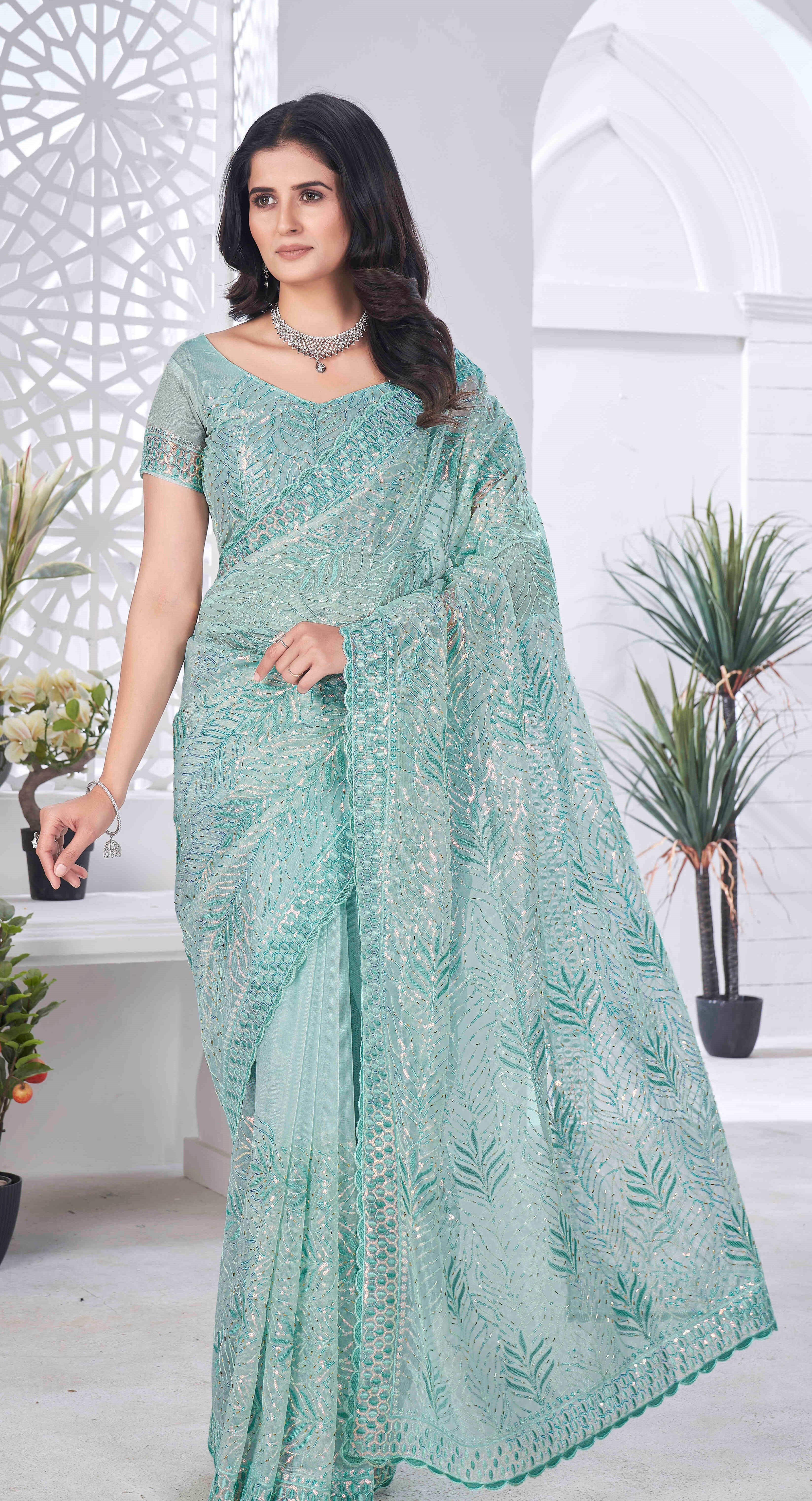Sea Green Tissue Net Sequance And Multy Thread Embroidery Saree With Cut Work