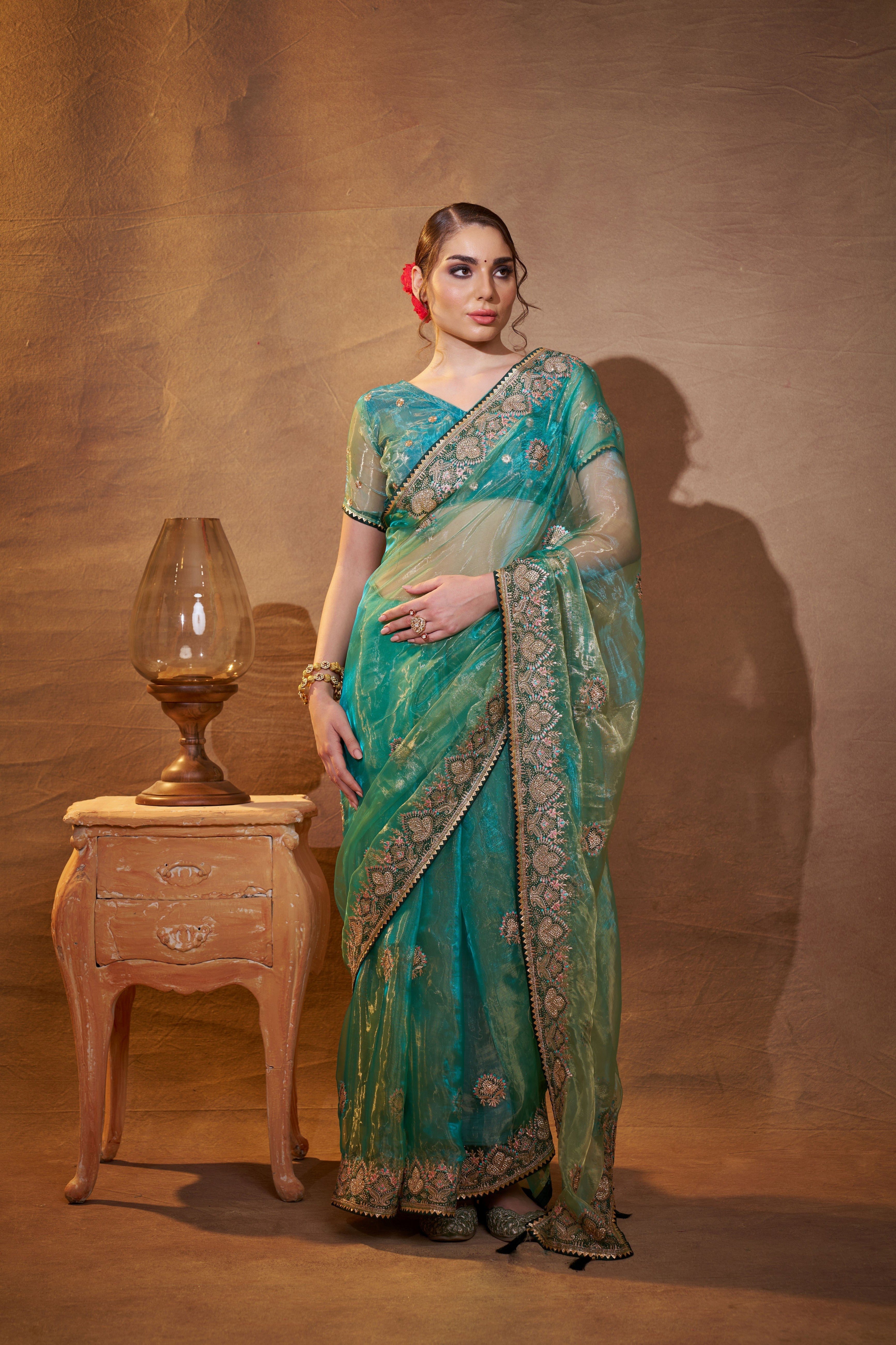 Sea Green Tissue Organza Designer Partywear Saree For Rich Indian Looks
