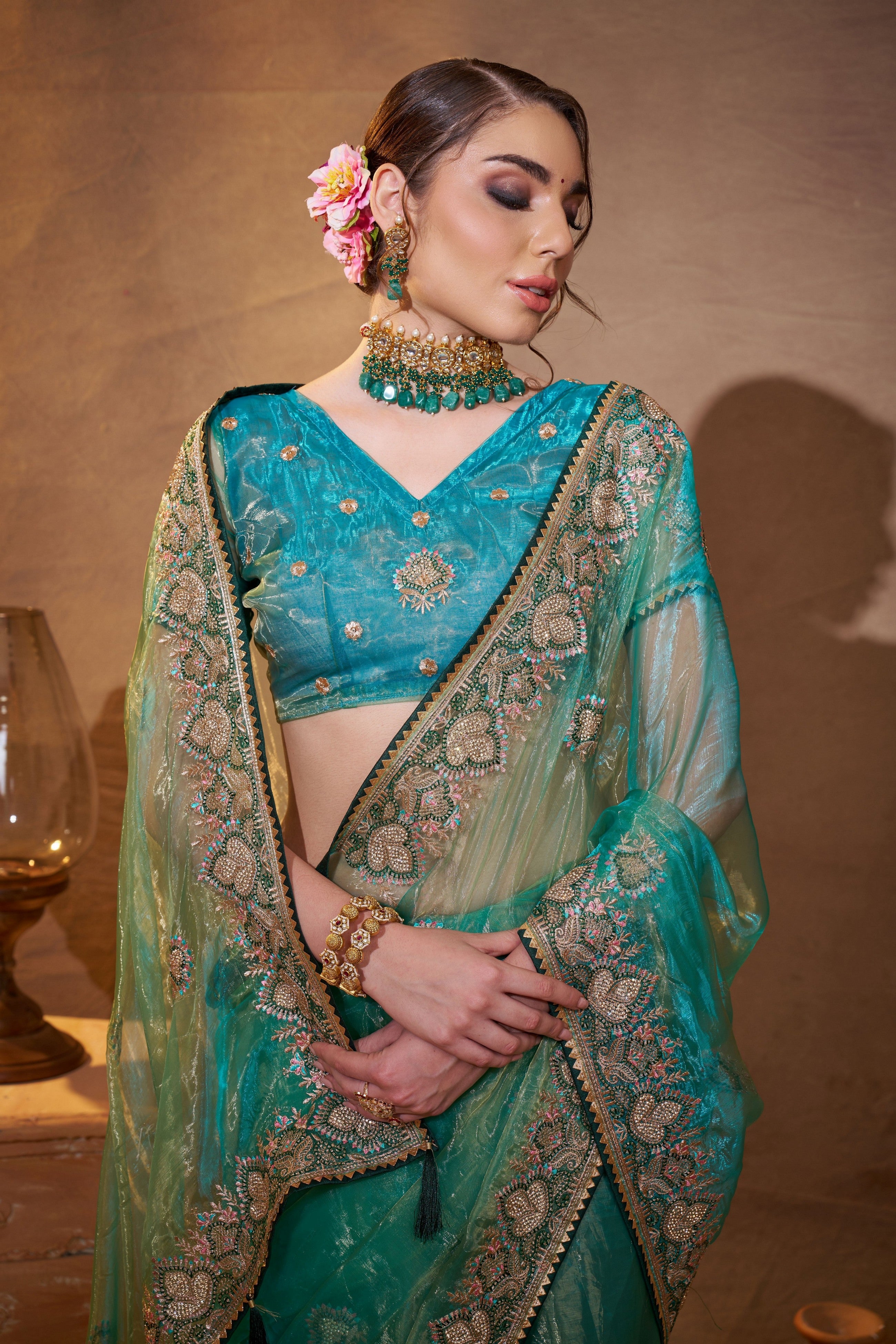 Sea Green Tissue Organza Designer Partywear Saree For Rich Indian Looks