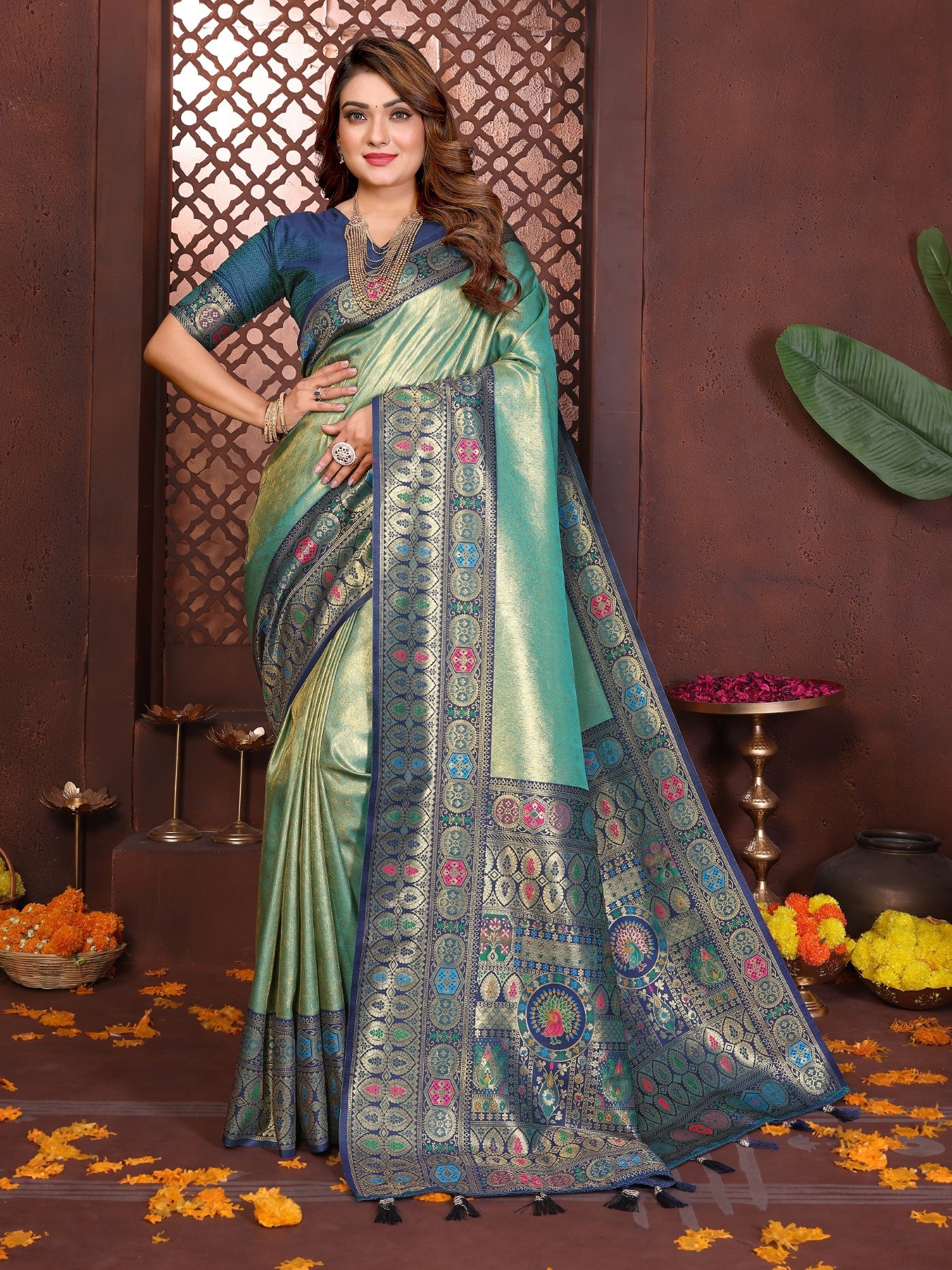 Sea Green Tissue Silk Saree With Classic Weaving
