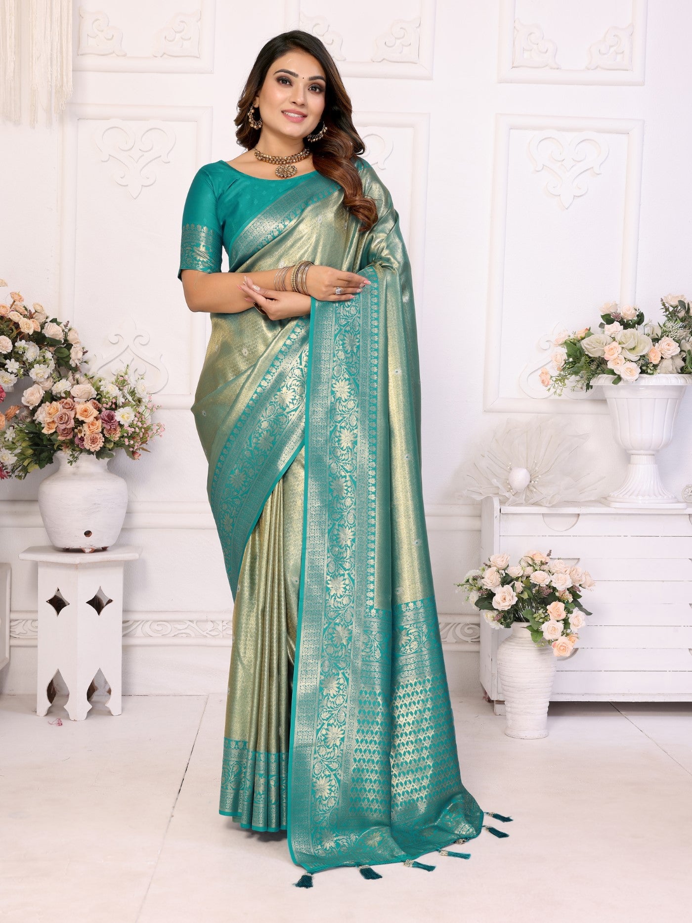 Sea Green Tissue Silk Saree With Classic Weaving