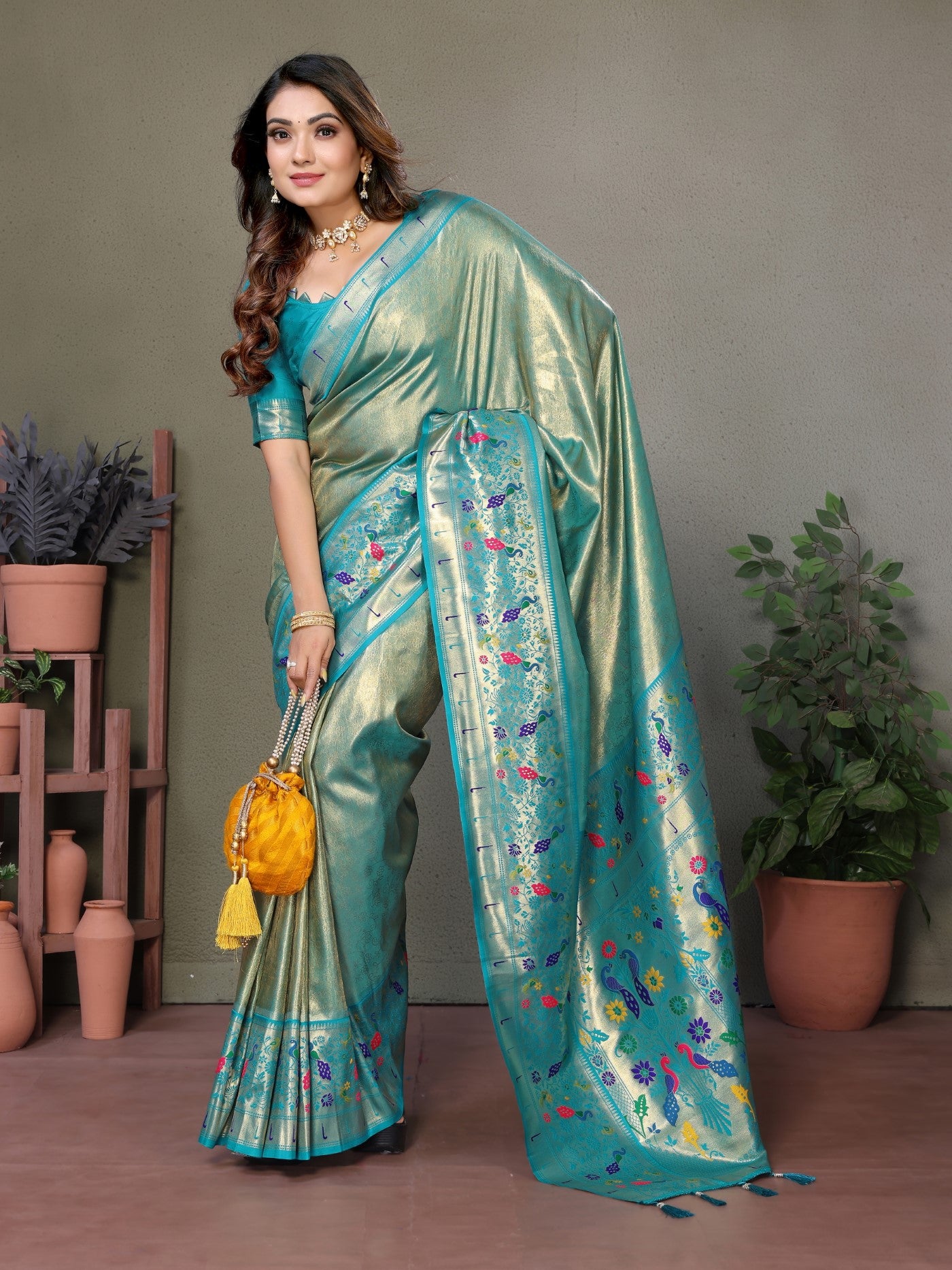 Sea Green Tissue Silk Saree With Paithani Woven