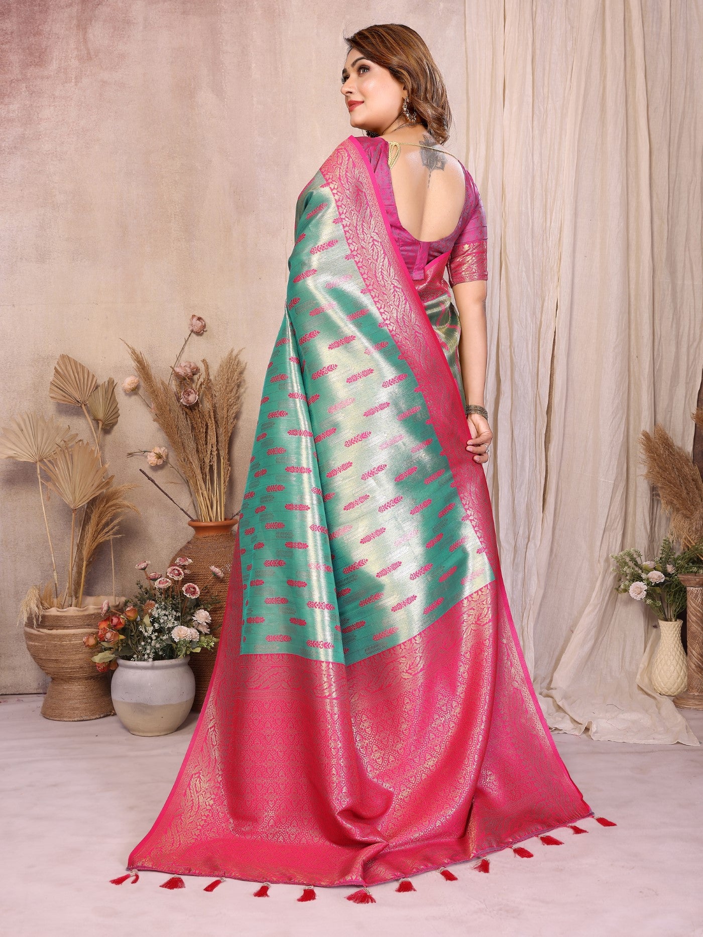 Sea Green Tissue Silk Saree With Paithani Woven