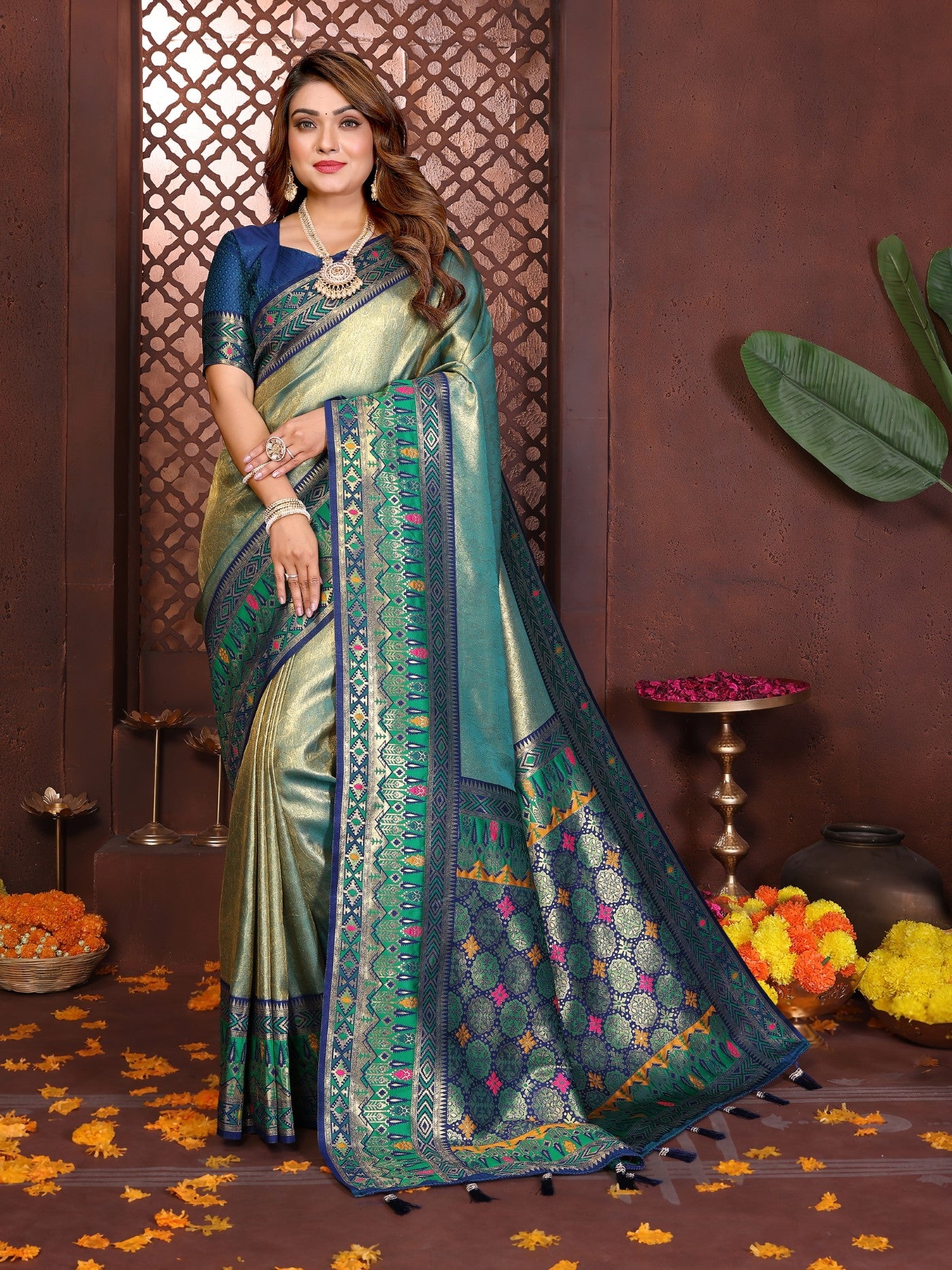 Sea Green Tissue Silk Saree With Traditional Weaving