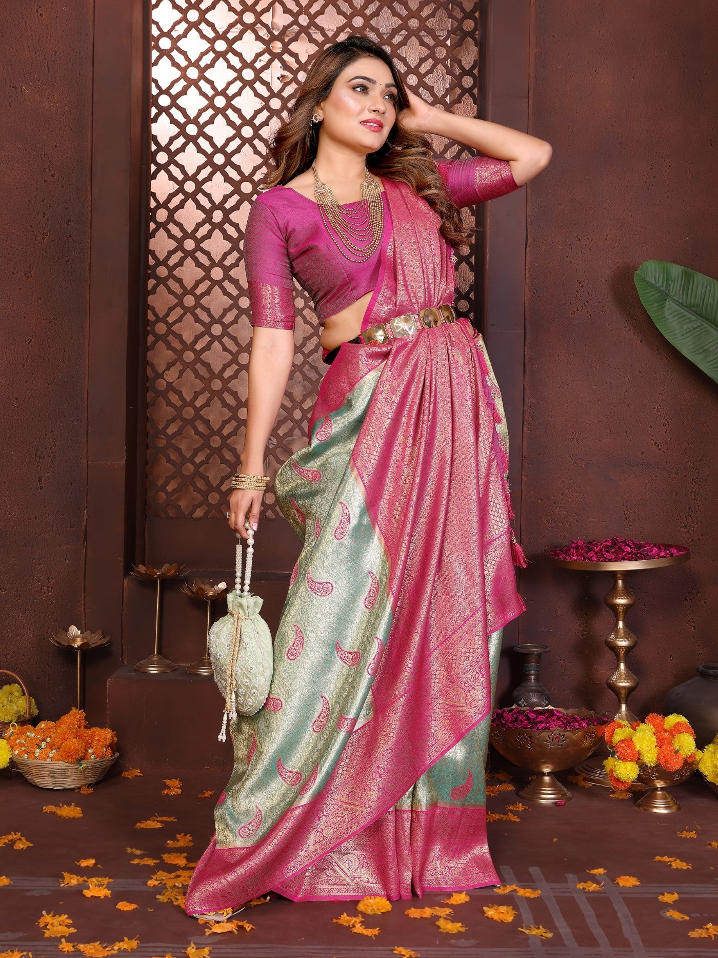 Sea Green Tissue Silk Saree With Traditional Weaving