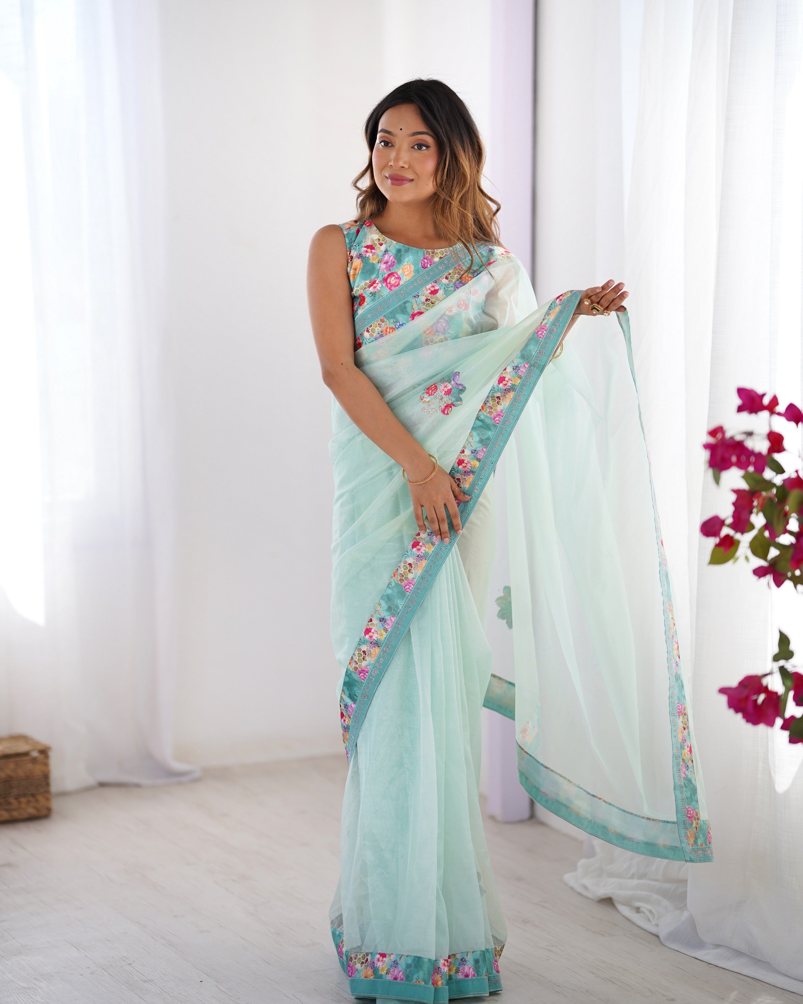 Sea Green Twill Net Designer Printed Swarovski Work Partywear Saree