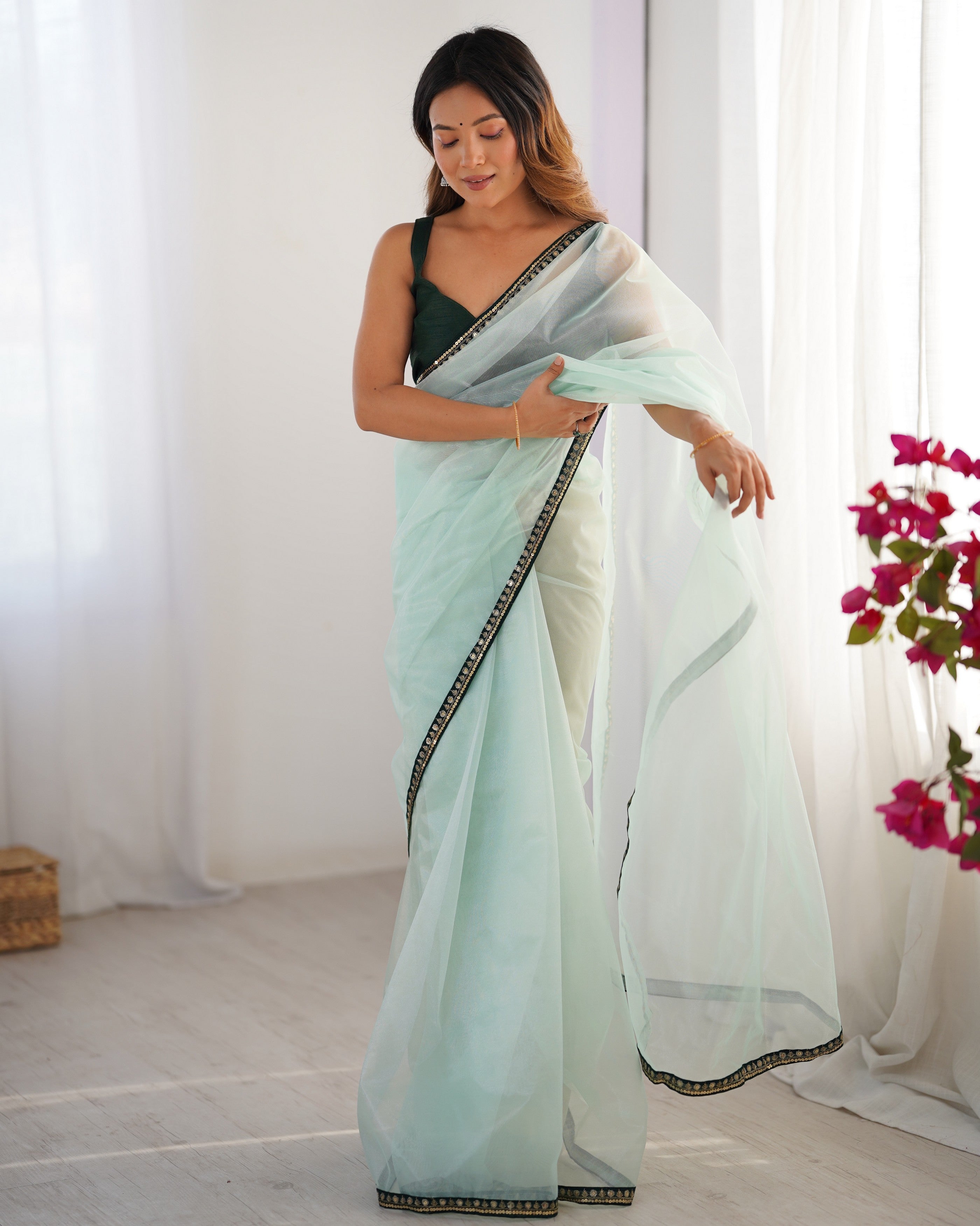 Sea Green Twill Net Embroidery Work Lace Partywear Saree
