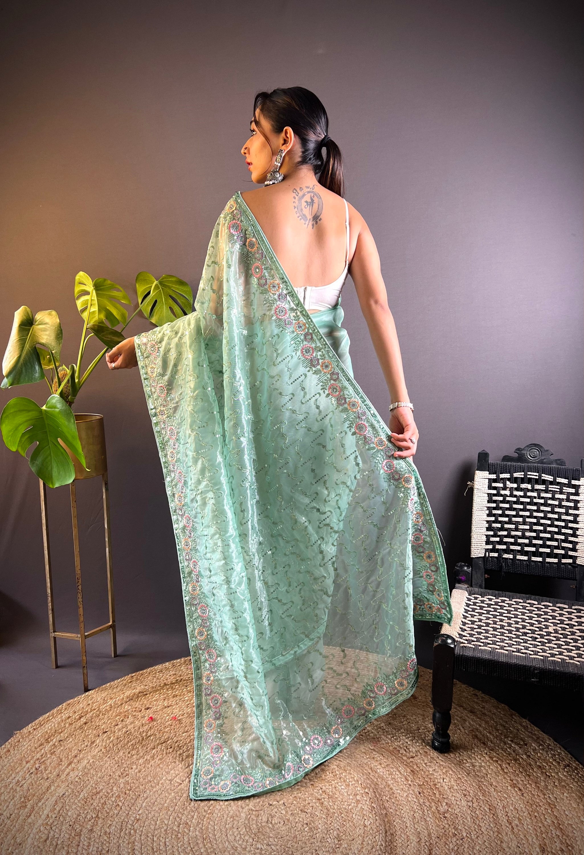 Sea Green Twill Net Fabric Designer Girlie Saree With Trendy Embroidered Saree
