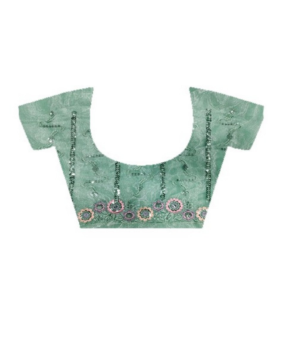 Sea Green Twill Net Fabric Designer Girlie Saree With Trendy Embroidered Saree