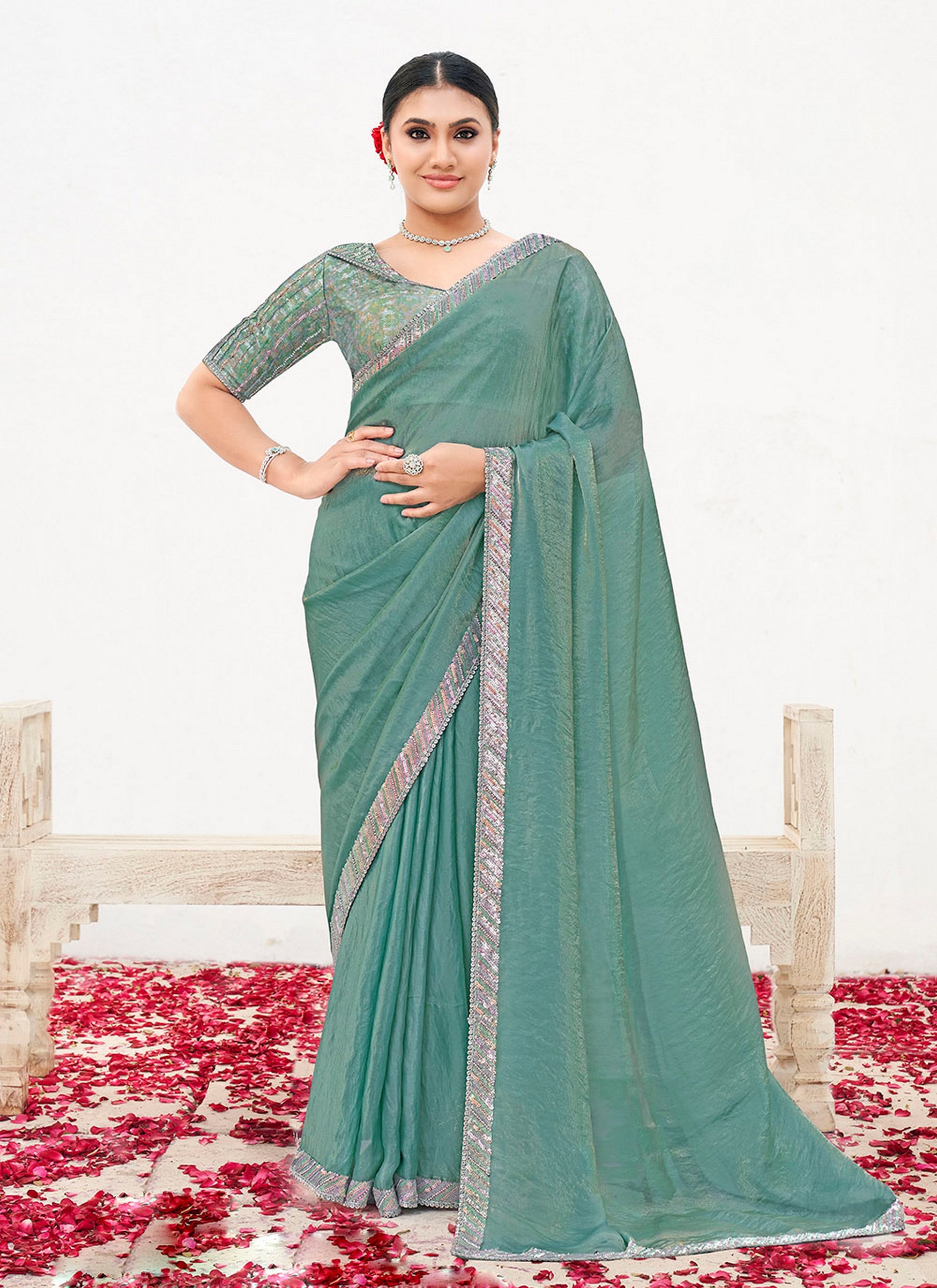 Sea Green Two Tone Satin Silk Heavy Embroidery Work Wedding Wear Saree