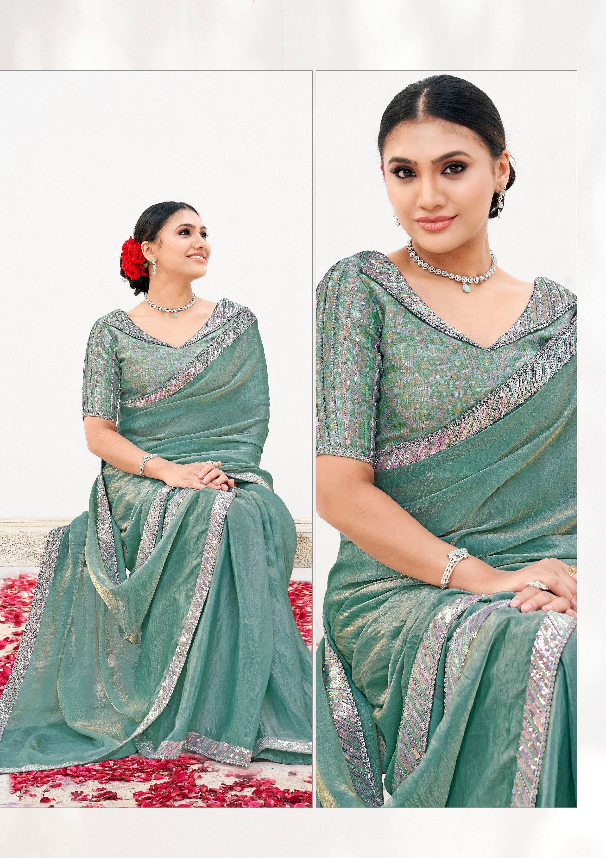 Sea Green Two Tone Satin Silk Heavy Embroidery Work Wedding Wear Saree