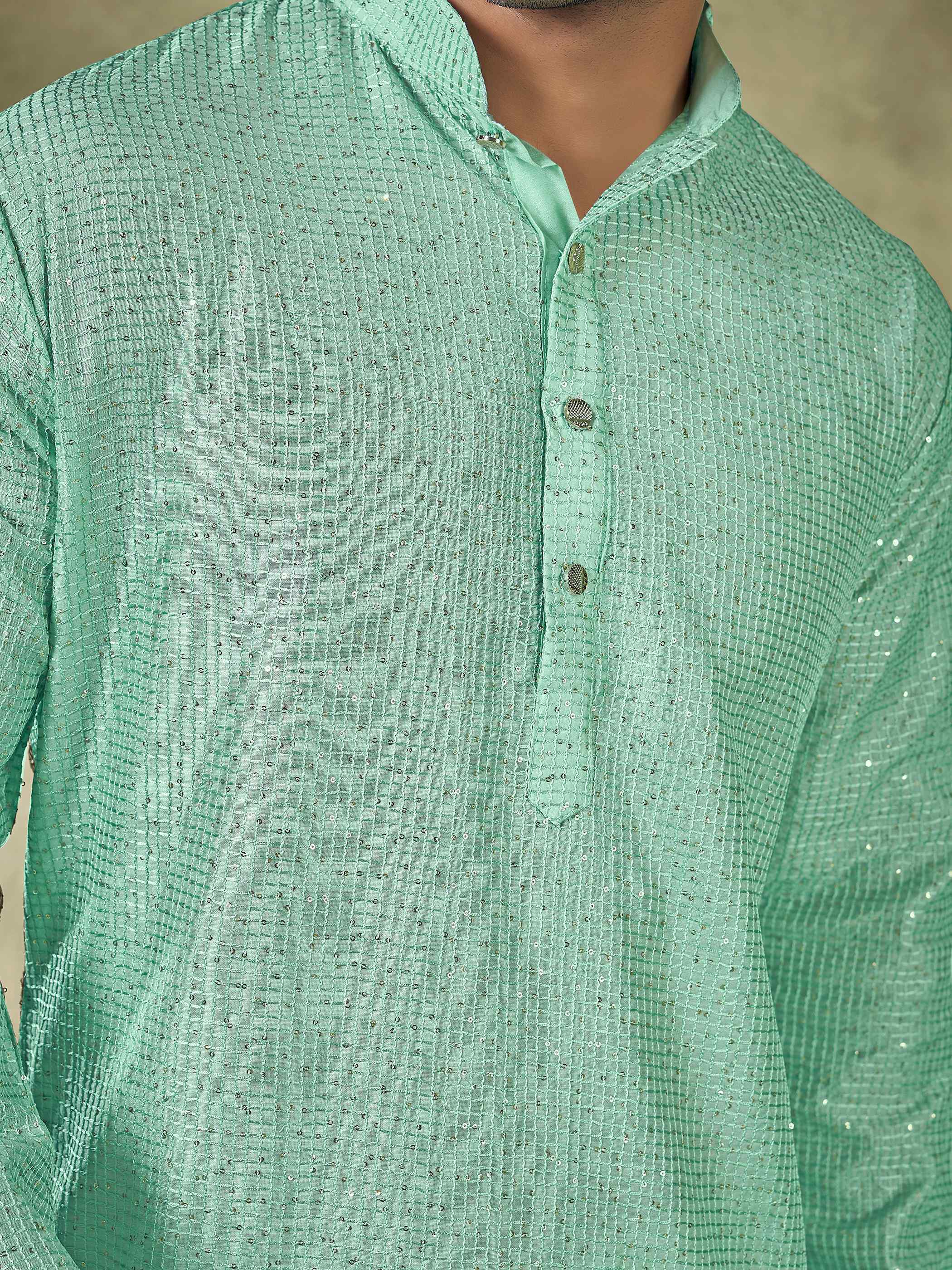 Sea Green Viscose Kurta Payjama with Sequins Work – Made for Evening Weddings