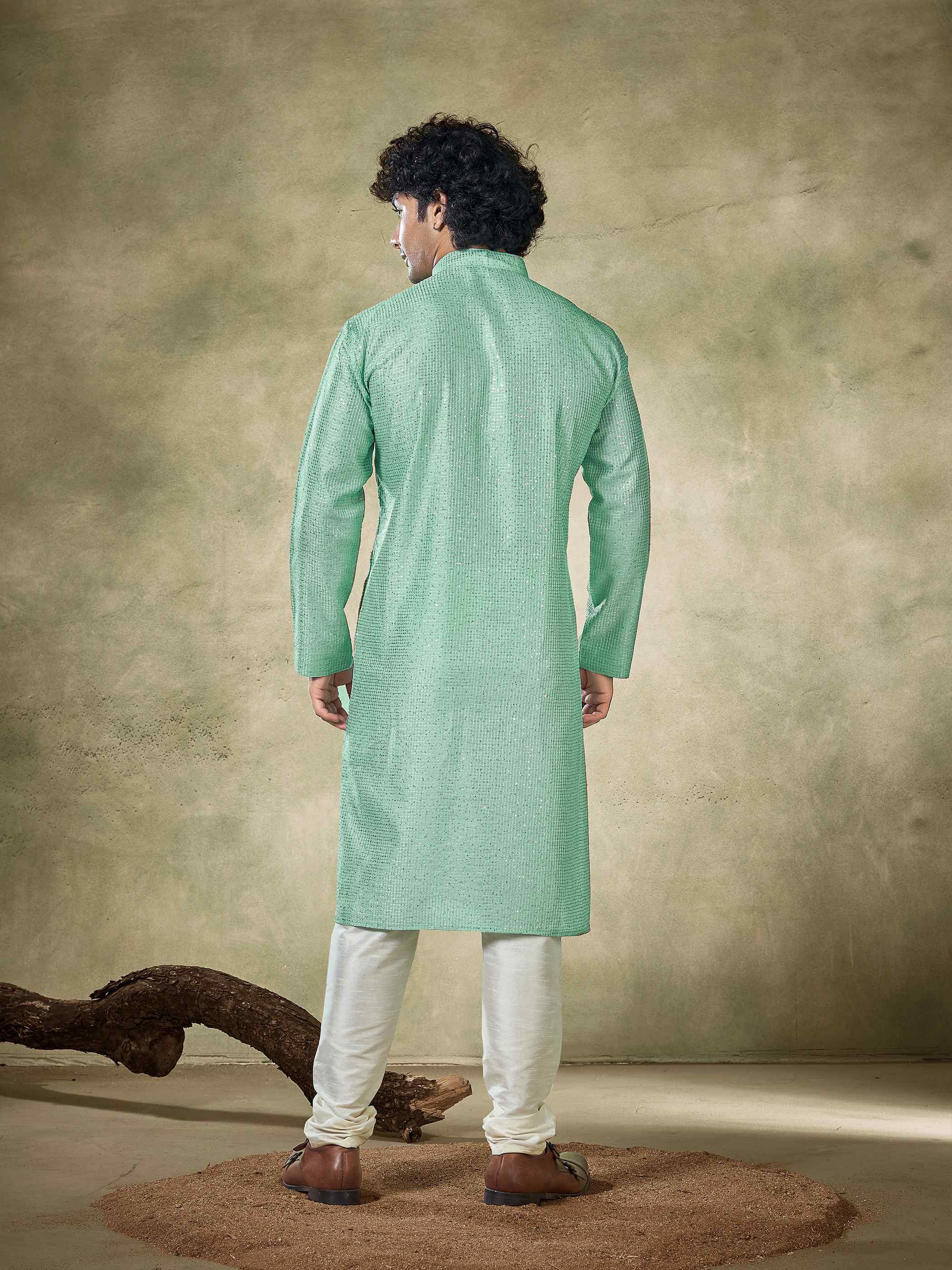 Sea Green Viscose Kurta Payjama with Sequins Work – Made for Evening Weddings