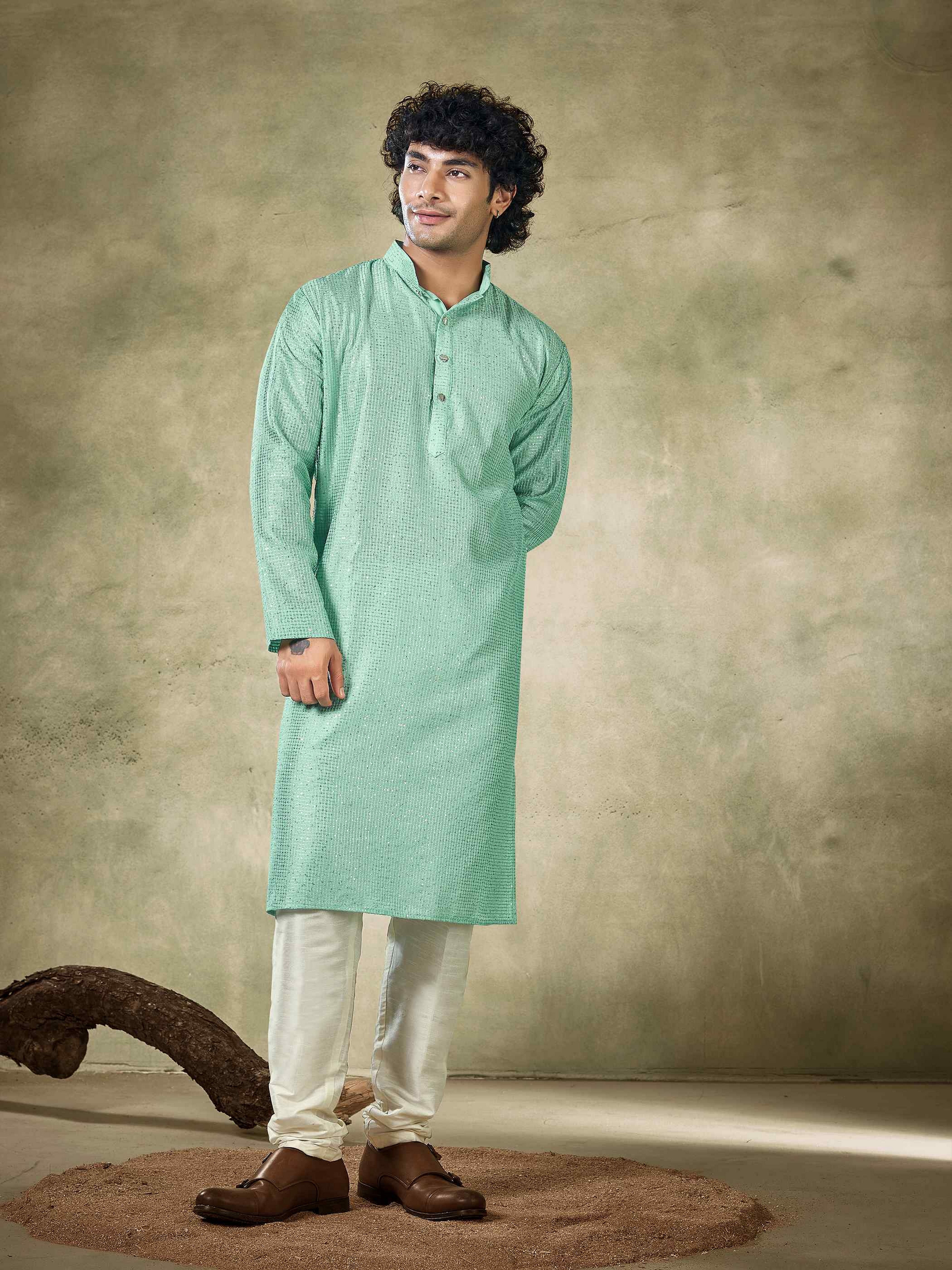 Sea Green Viscose Kurta Payjama with Sequins Work – Made for Evening Weddings