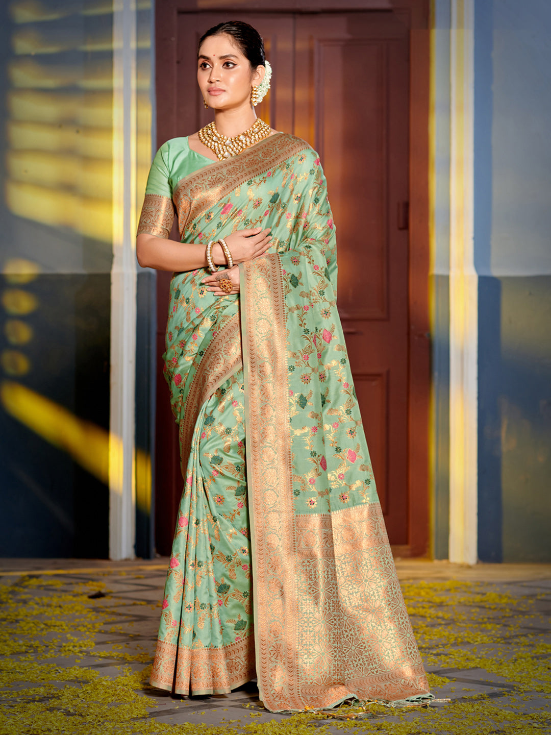 Sea Green Woven Jacquard Designer Banarasi Silk Saree For Ethnic Indian Looks