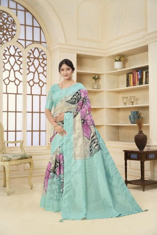 Sea Green Woven Jacquard Designer With Printed Rich Silk Stylish Ceremonial Saree
