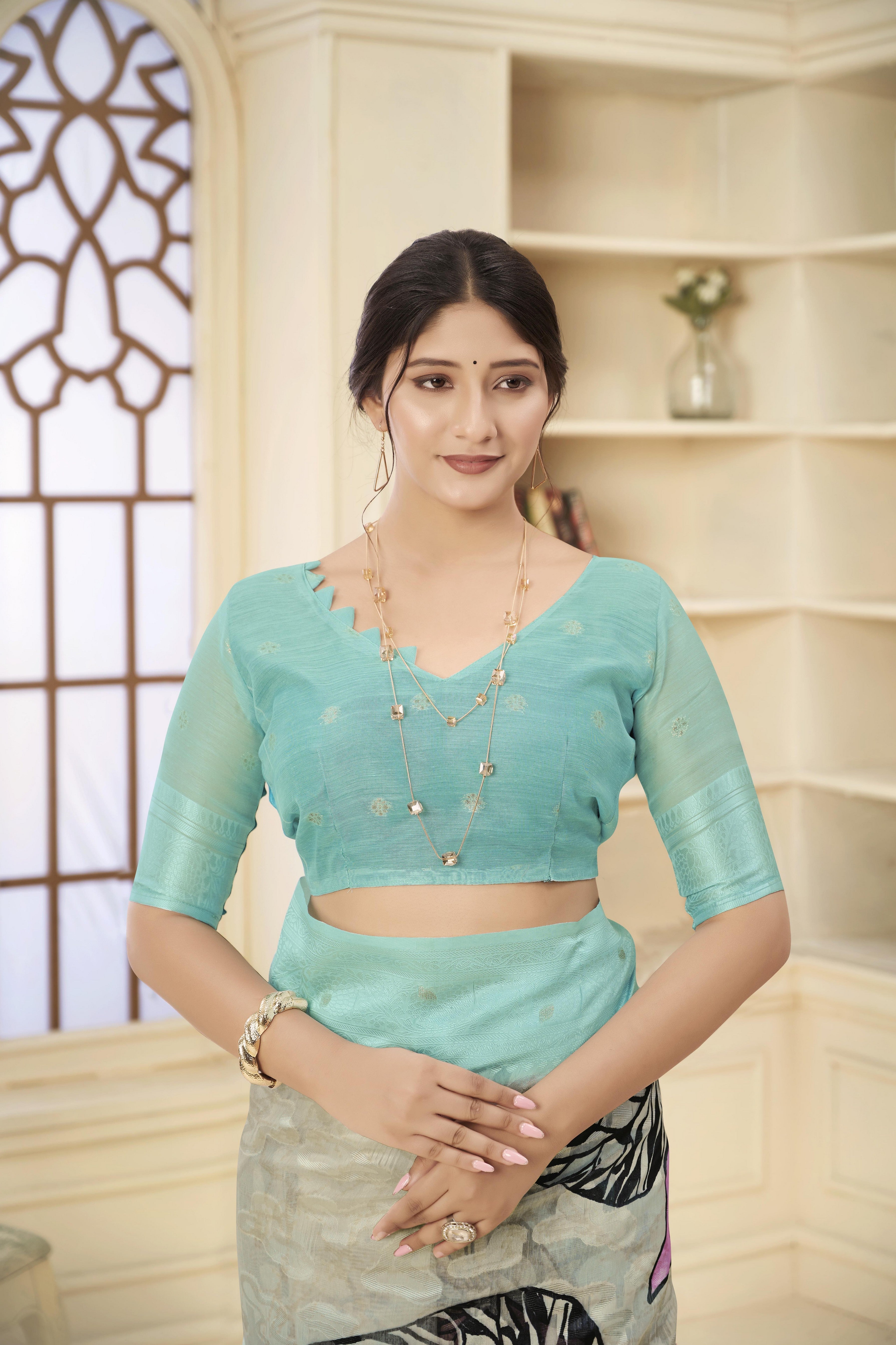 Sea Green Woven Jacquard Designer With Printed Rich Silk Stylish Ceremonial Saree