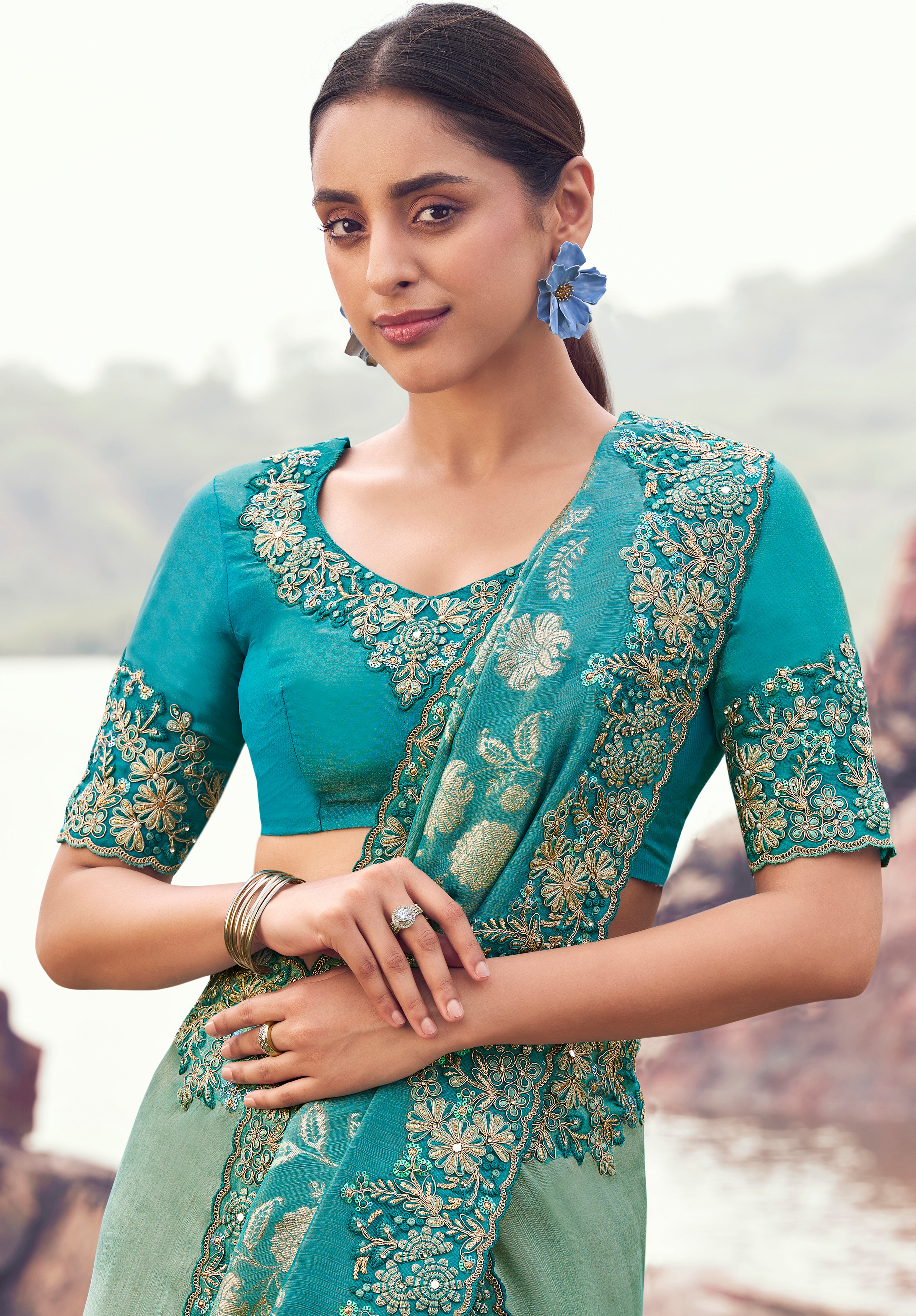 Sea Green & Sky Blue Saree With Jacquard Woven With Embroidered Border & Blouse
