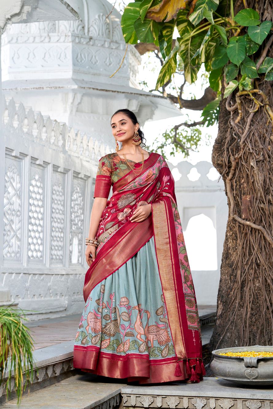 See Green Dola Silk Lehenga with Kalamkari Print and Rich Zari Woven Border
