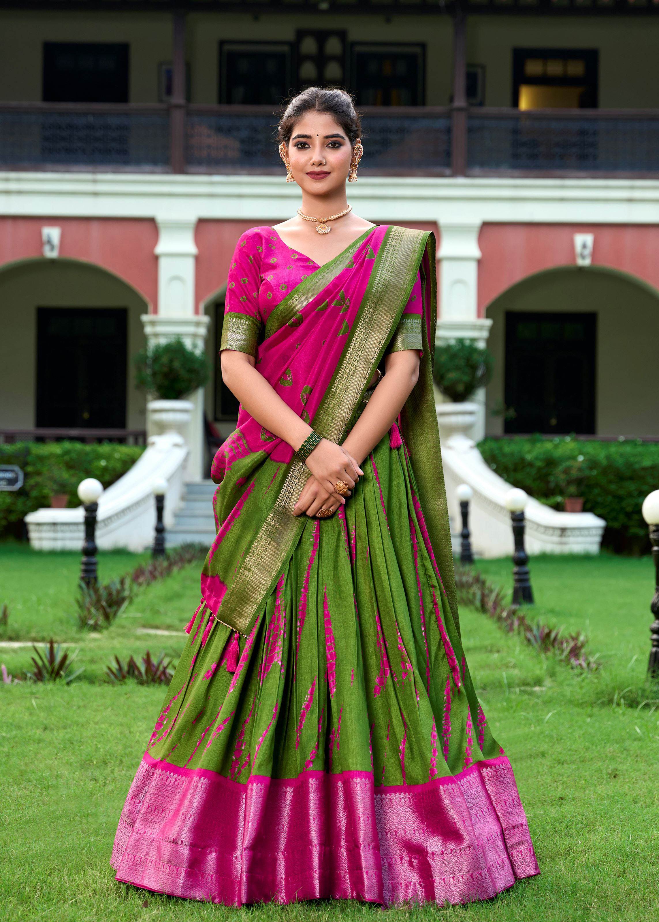 Shibori Elegance in Silk Pink Dola Lehenga with Rich Zari Weaving Border