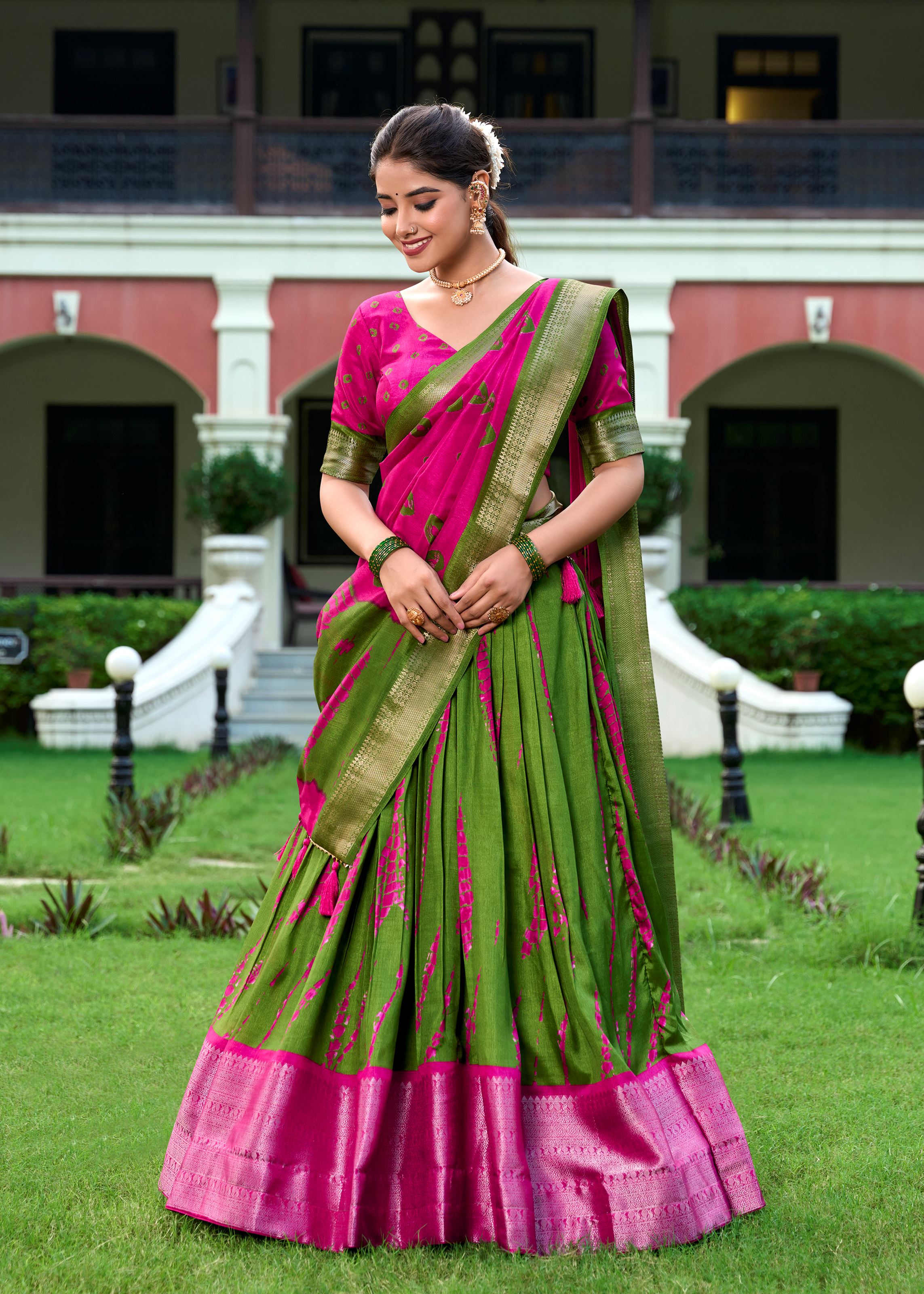 Shibori Elegance in Silk Pink Dola Lehenga with Rich Zari Weaving Border