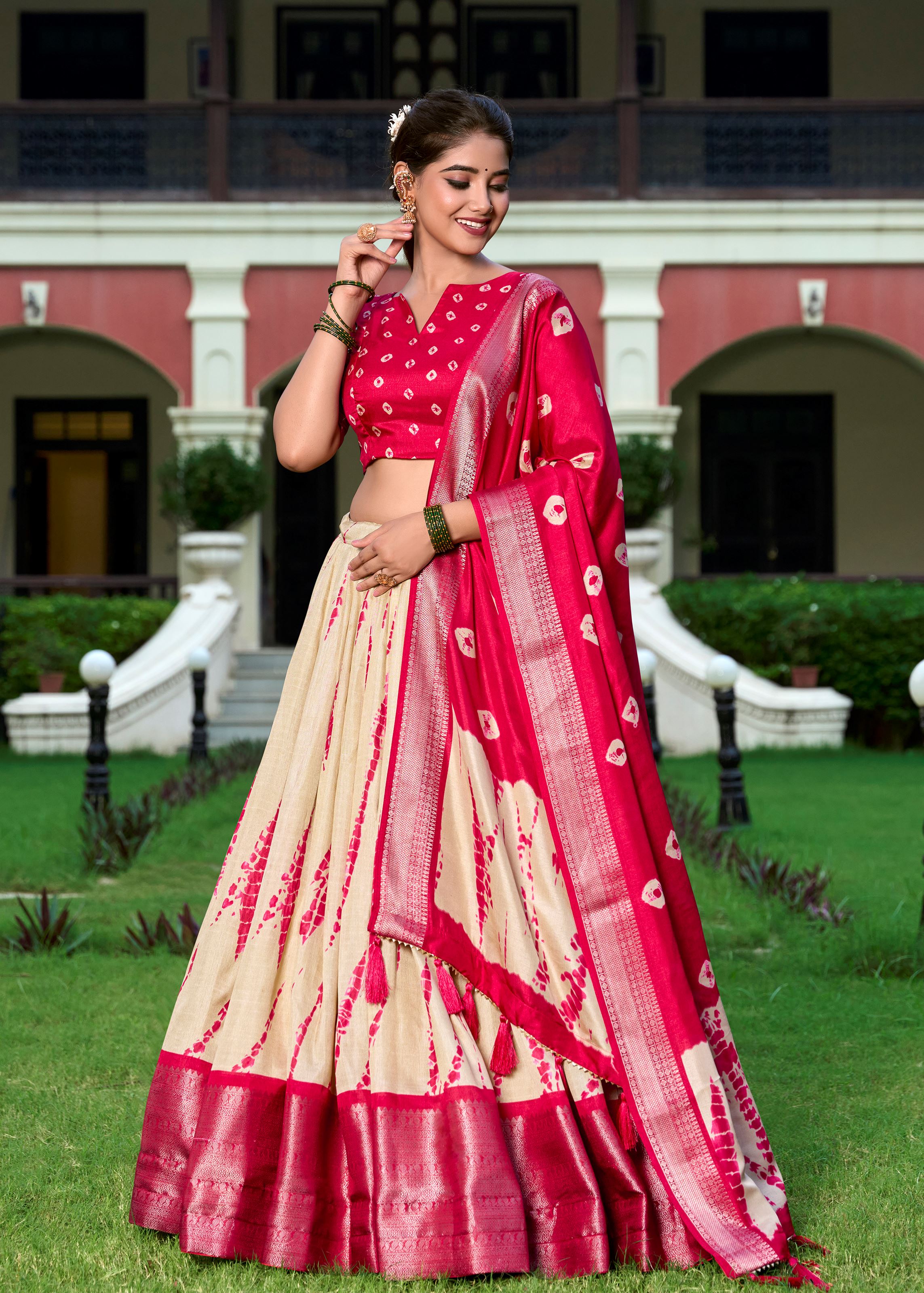 Shibori Elegance in Silk Red Dola Lehenga with Rich Zari Weaving Border
