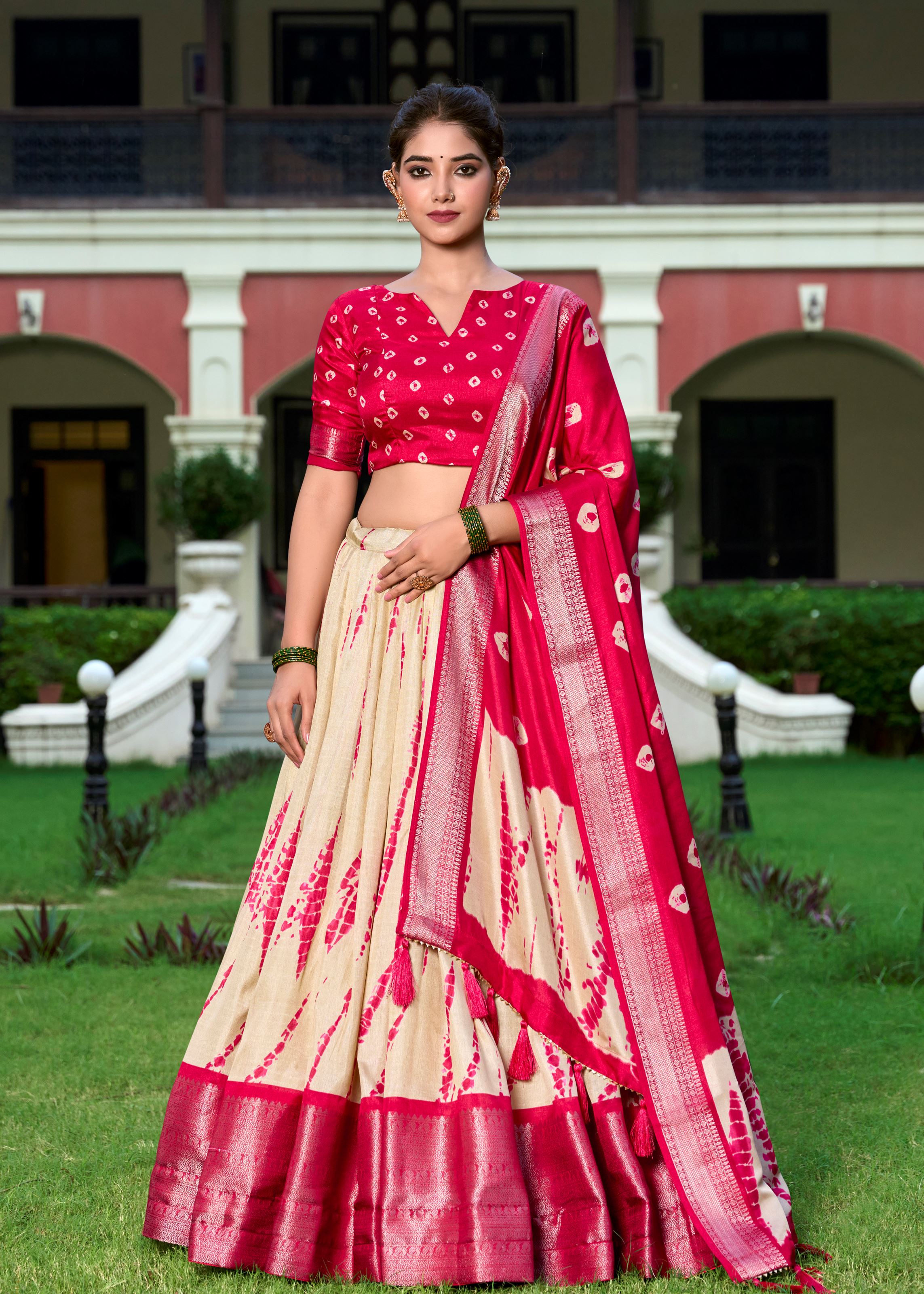 Shibori Elegance in Silk Red Dola Lehenga with Rich Zari Weaving Border