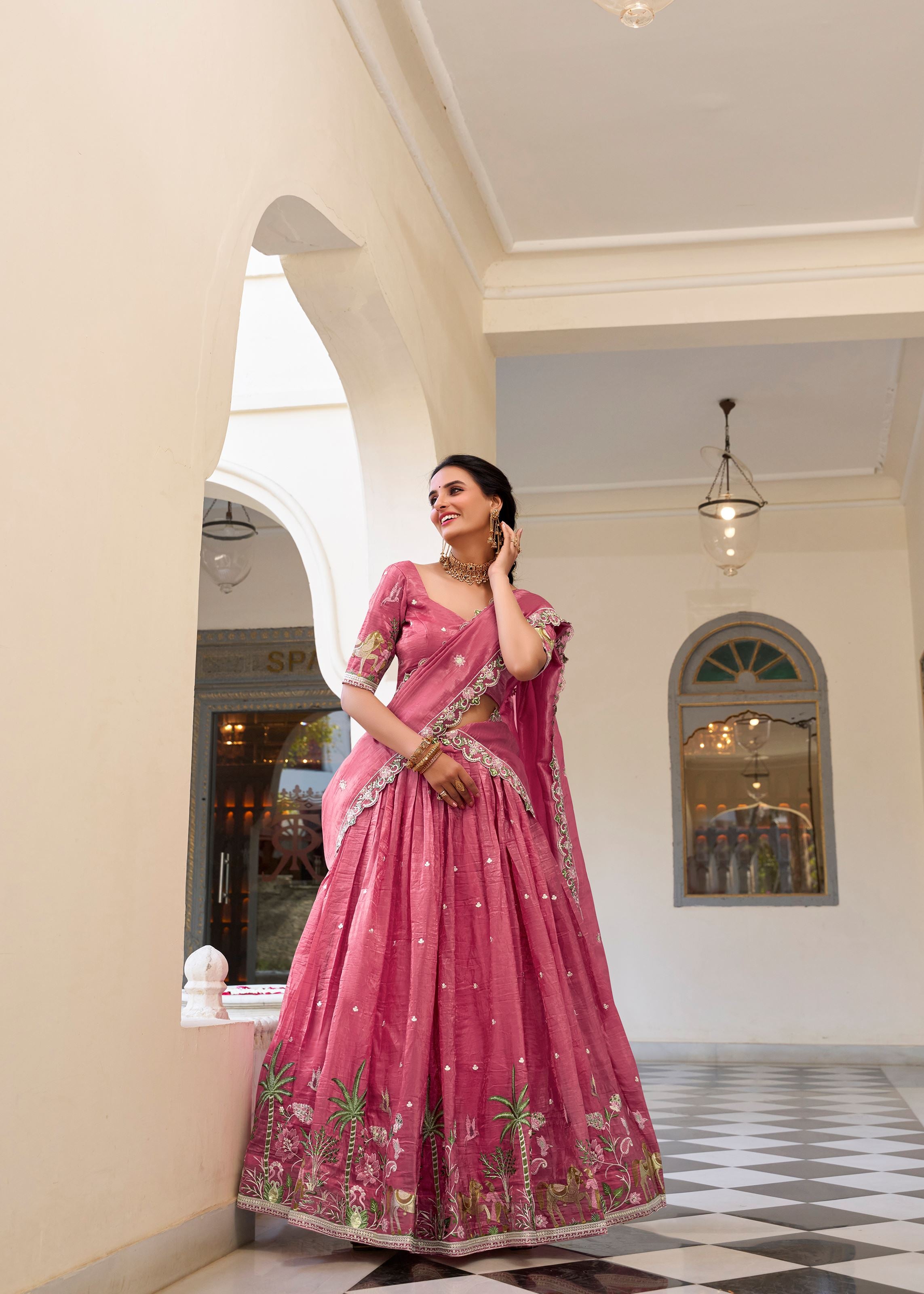 Shine Bold in Pink Gold Crush Lehenga with Sequin & Thread Detailing