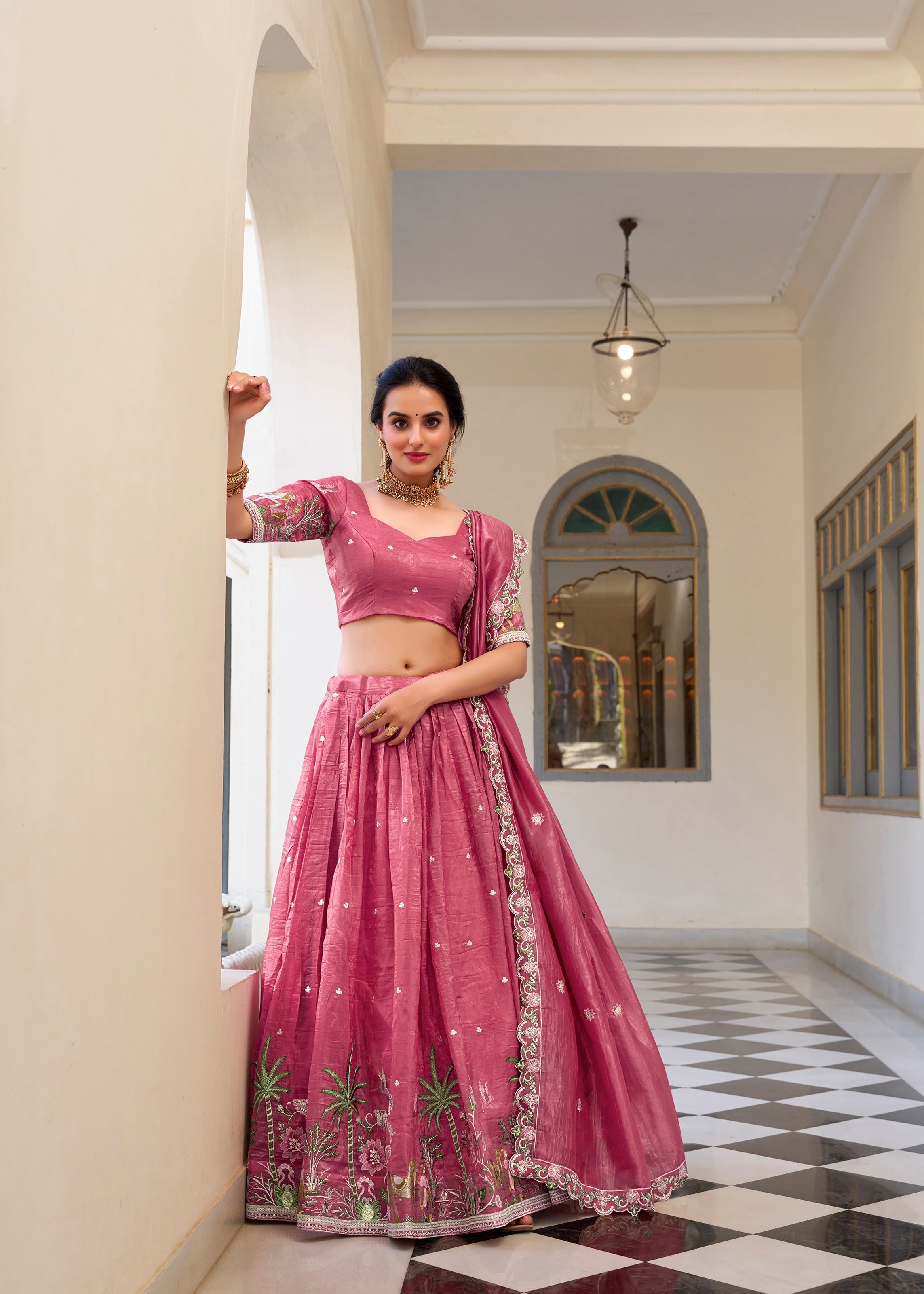 Shine Bold in Pink Gold Crush Lehenga with Sequin & Thread Detailing