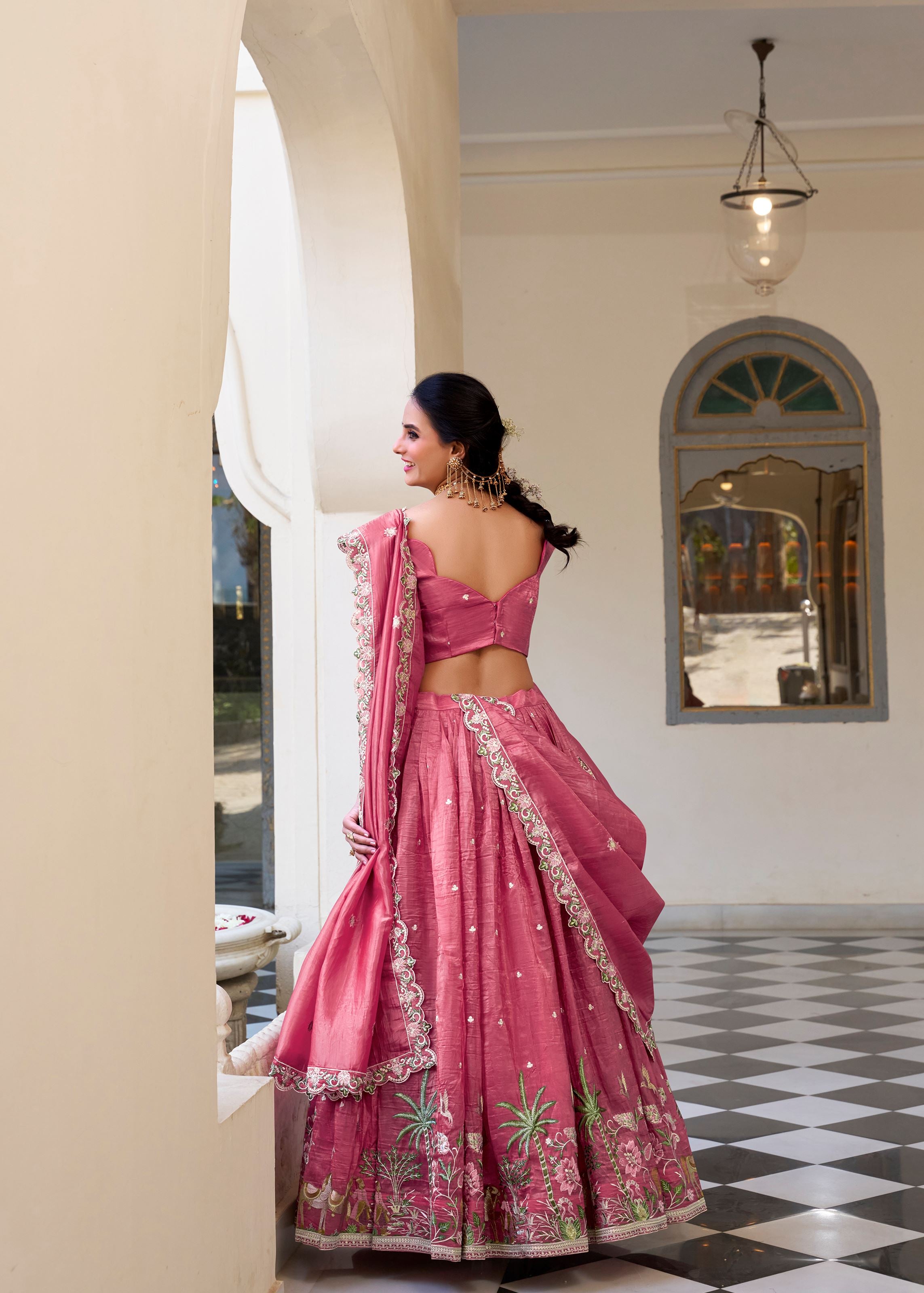 Shine Bold in Pink Gold Crush Lehenga with Sequin & Thread Detailing