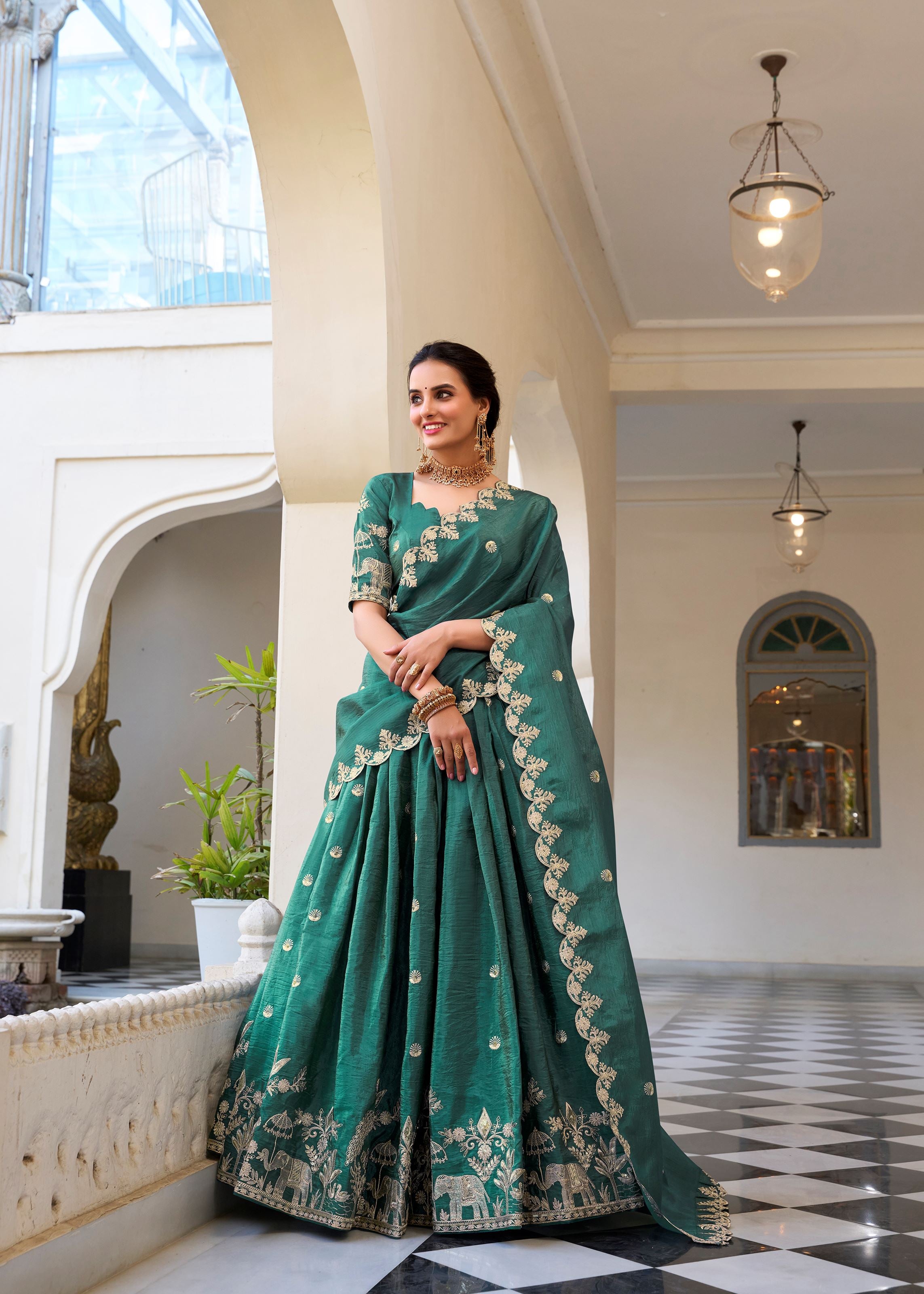 Shine Bold in Teal Gold Crush Lehenga with Sequin & Thread Detailing