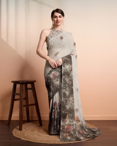 Silver Faux Georgette Saree With Designer Print Style