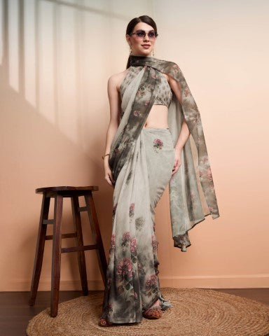 Silver Faux Georgette Saree With Designer Print Style