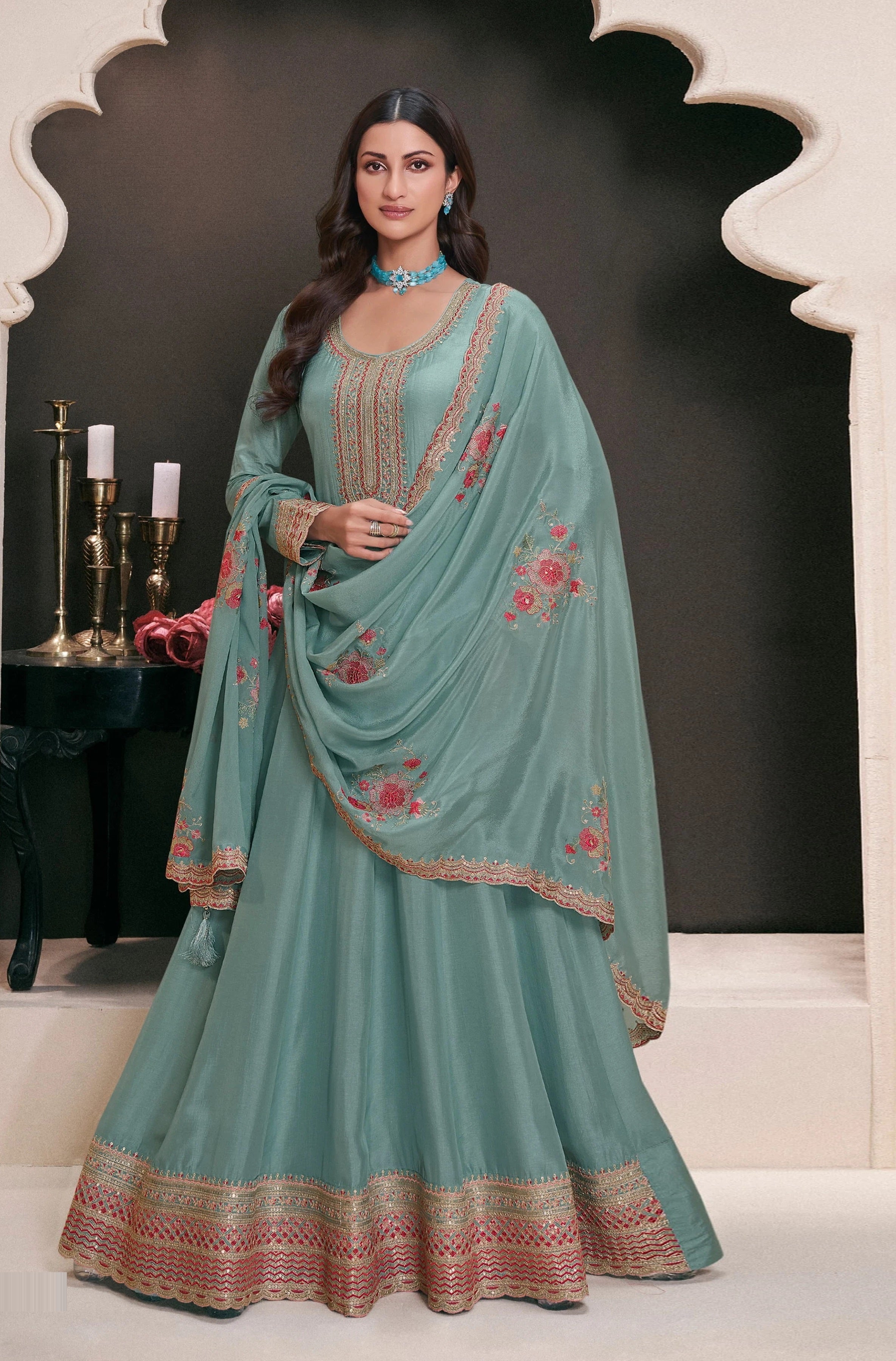 Sky Anarkali Suit With Heavy Embroidery Work