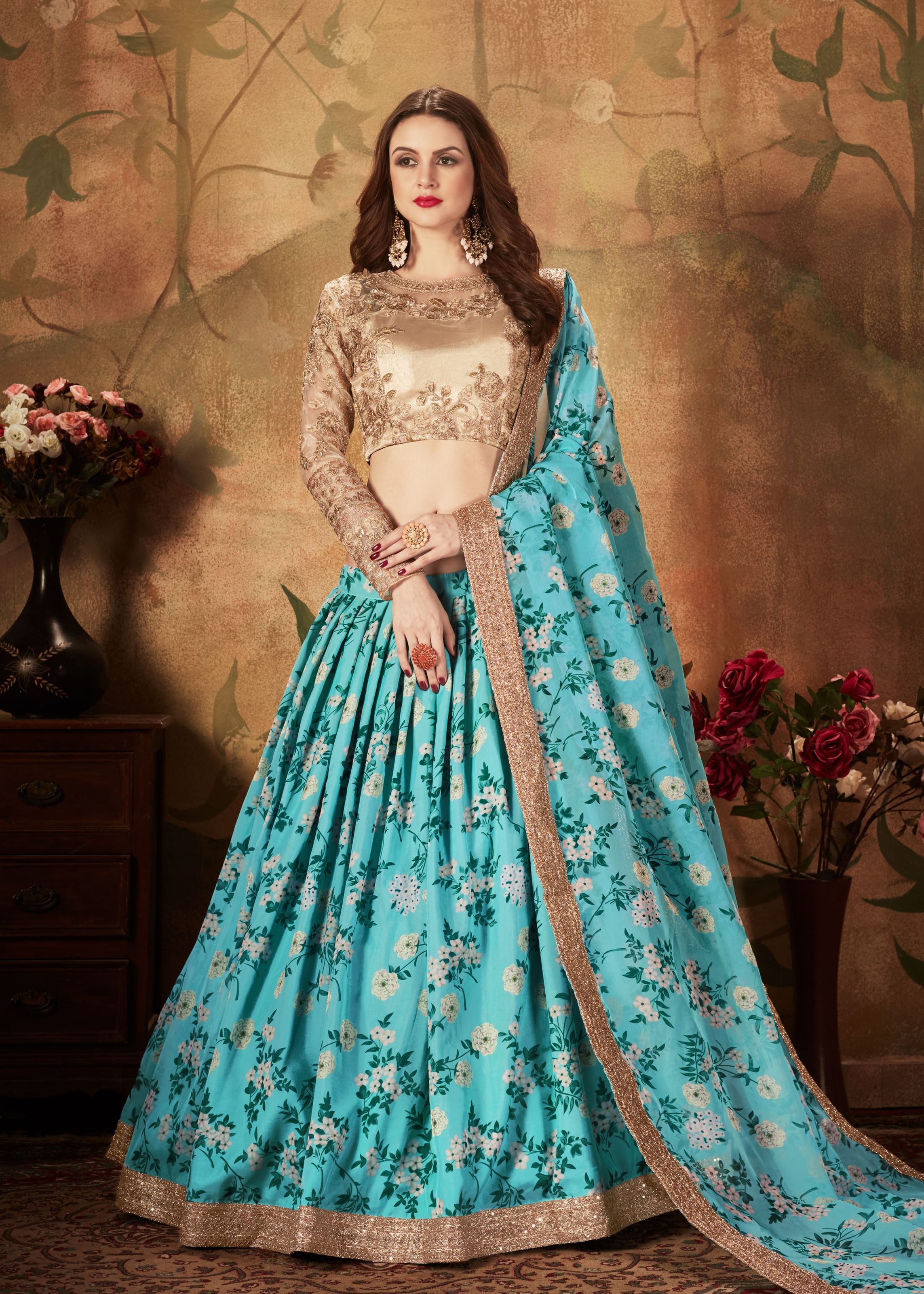 Sky Blue And Beige Lehenga Choli With Digital Print & Dori, Zari And Sequins Embroidery Work