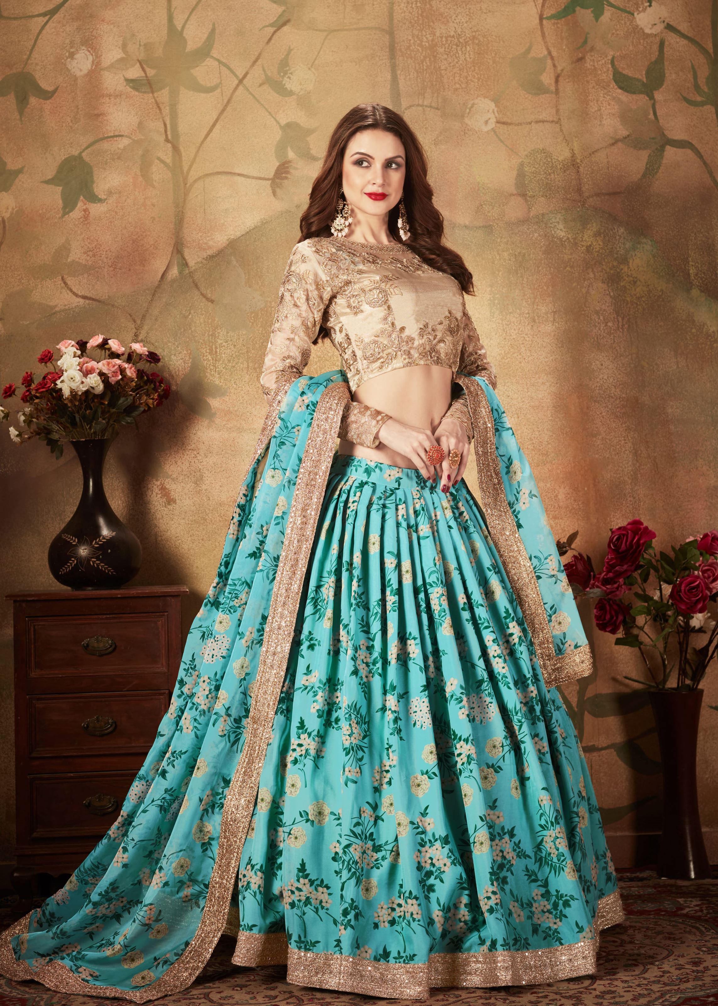 Sky Blue And Beige Lehenga Choli With Digital Print & Dori, Zari And Sequins Embroidery Work