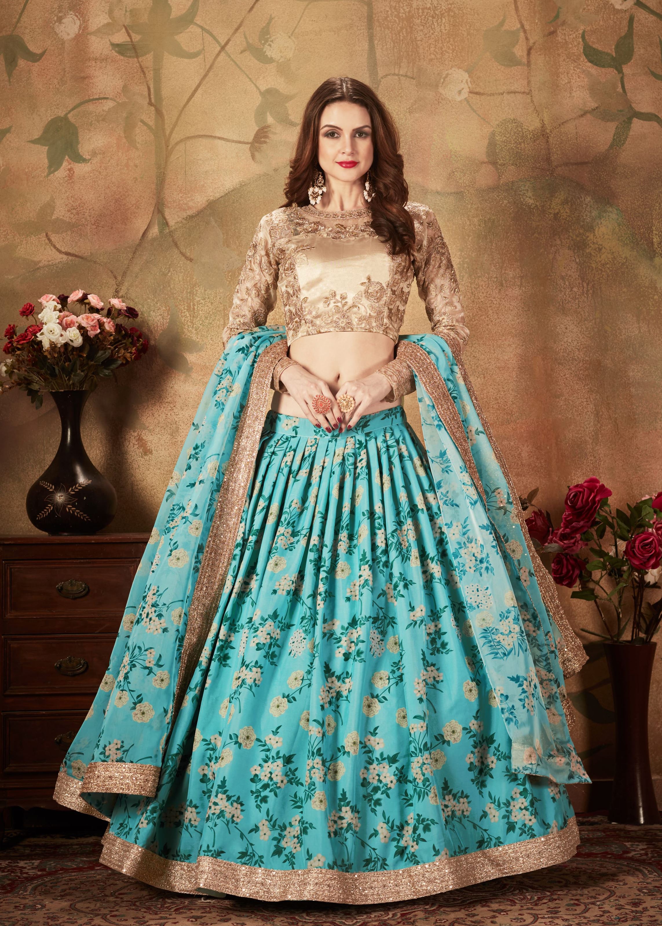 Sky Blue And Beige Lehenga Choli With Digital Print & Dori, Zari And Sequins Embroidery Work