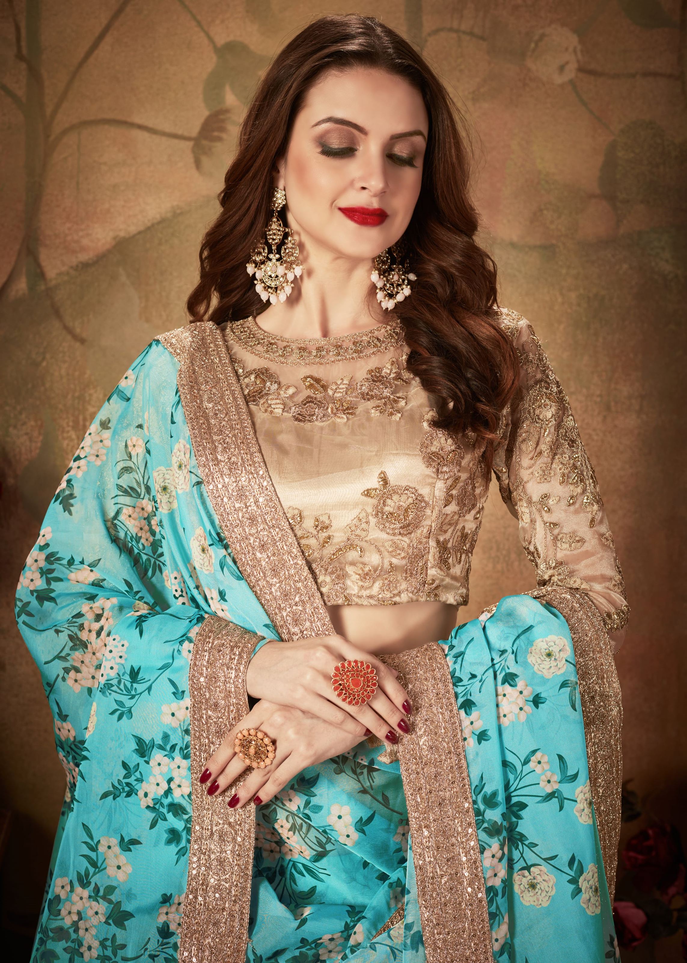Sky Blue And Beige Lehenga Choli With Digital Print & Dori, Zari And Sequins Embroidery Work