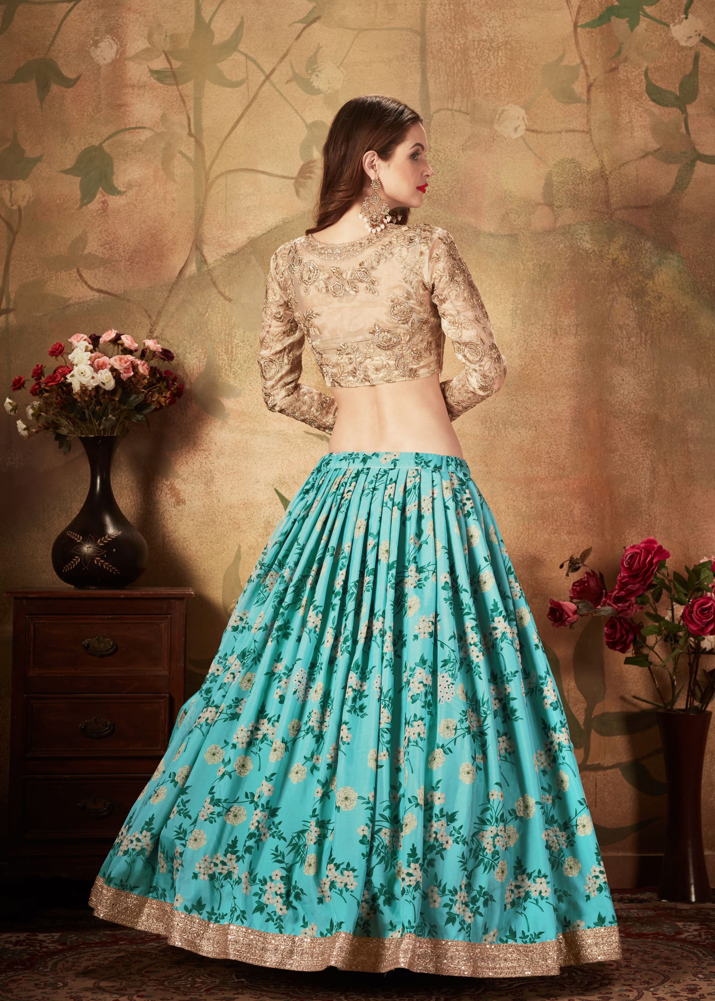 Sky Blue And Beige Lehenga Choli With Digital Print & Dori, Zari And Sequins Embroidery Work