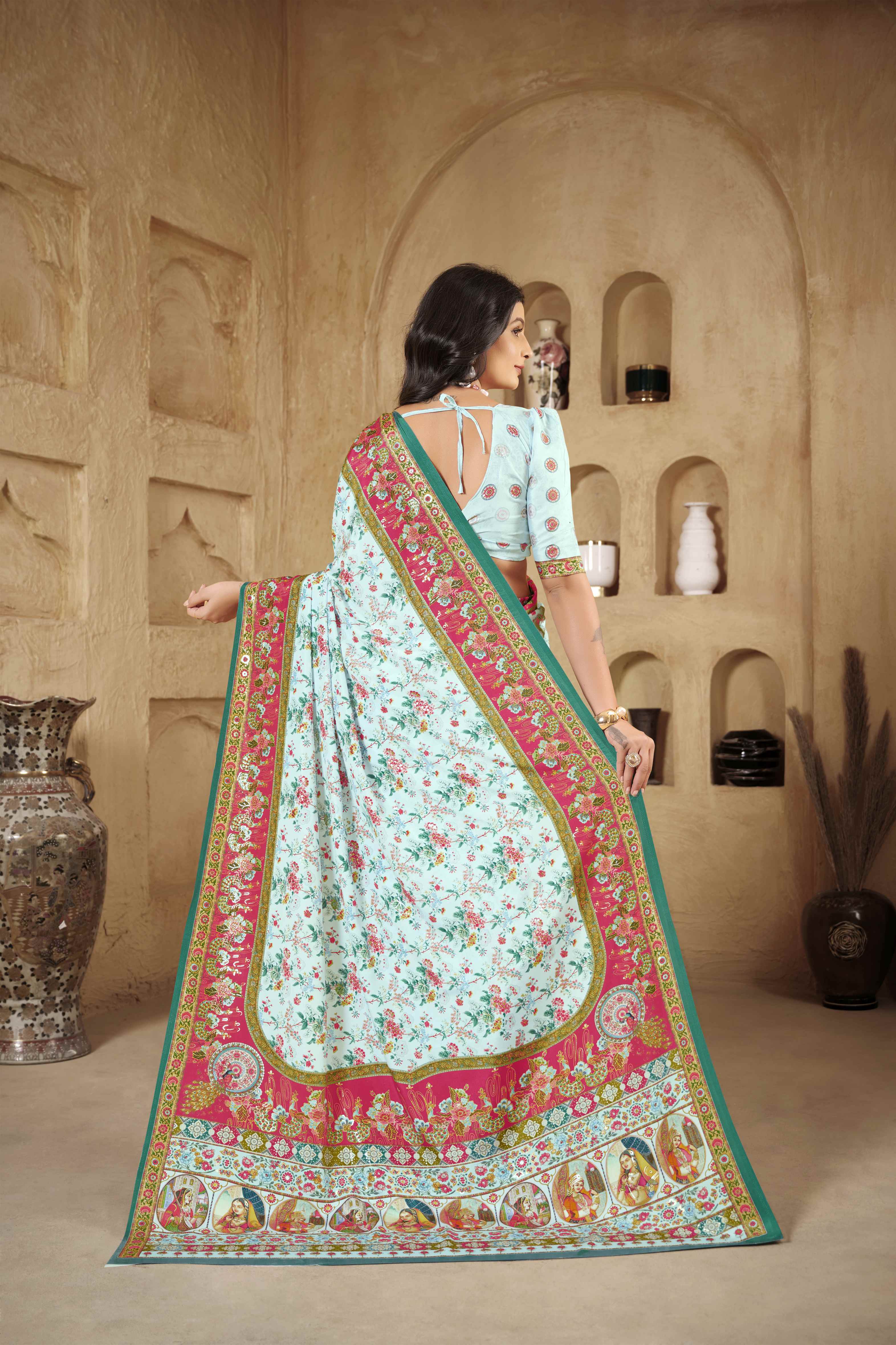 Sky Blue Beautiful Designer Position Digital Foil Printed Crepe Silk Designer Partywear Saree