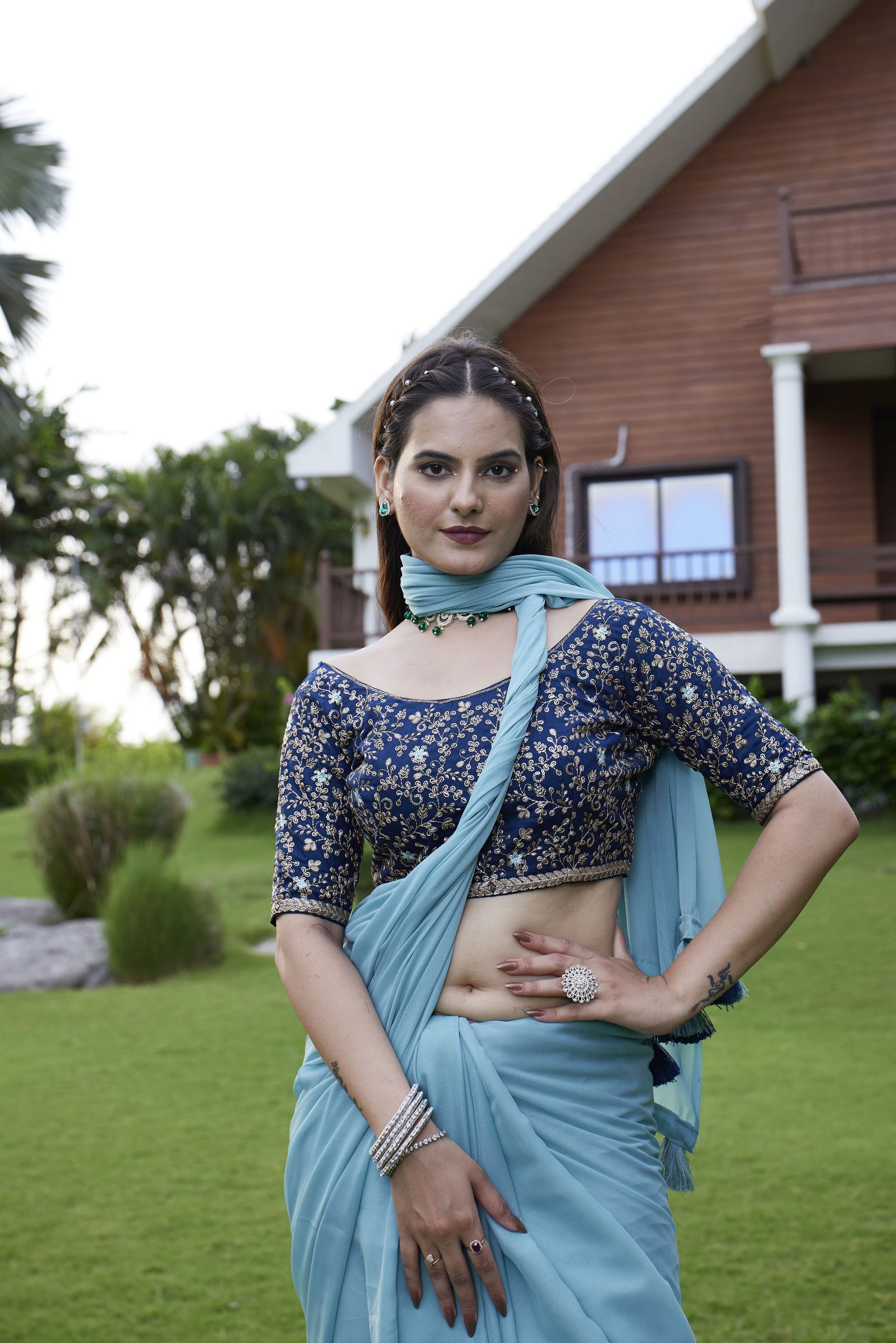 Sky Blue Beautiful Fancy Saree With Embroidered Blouse