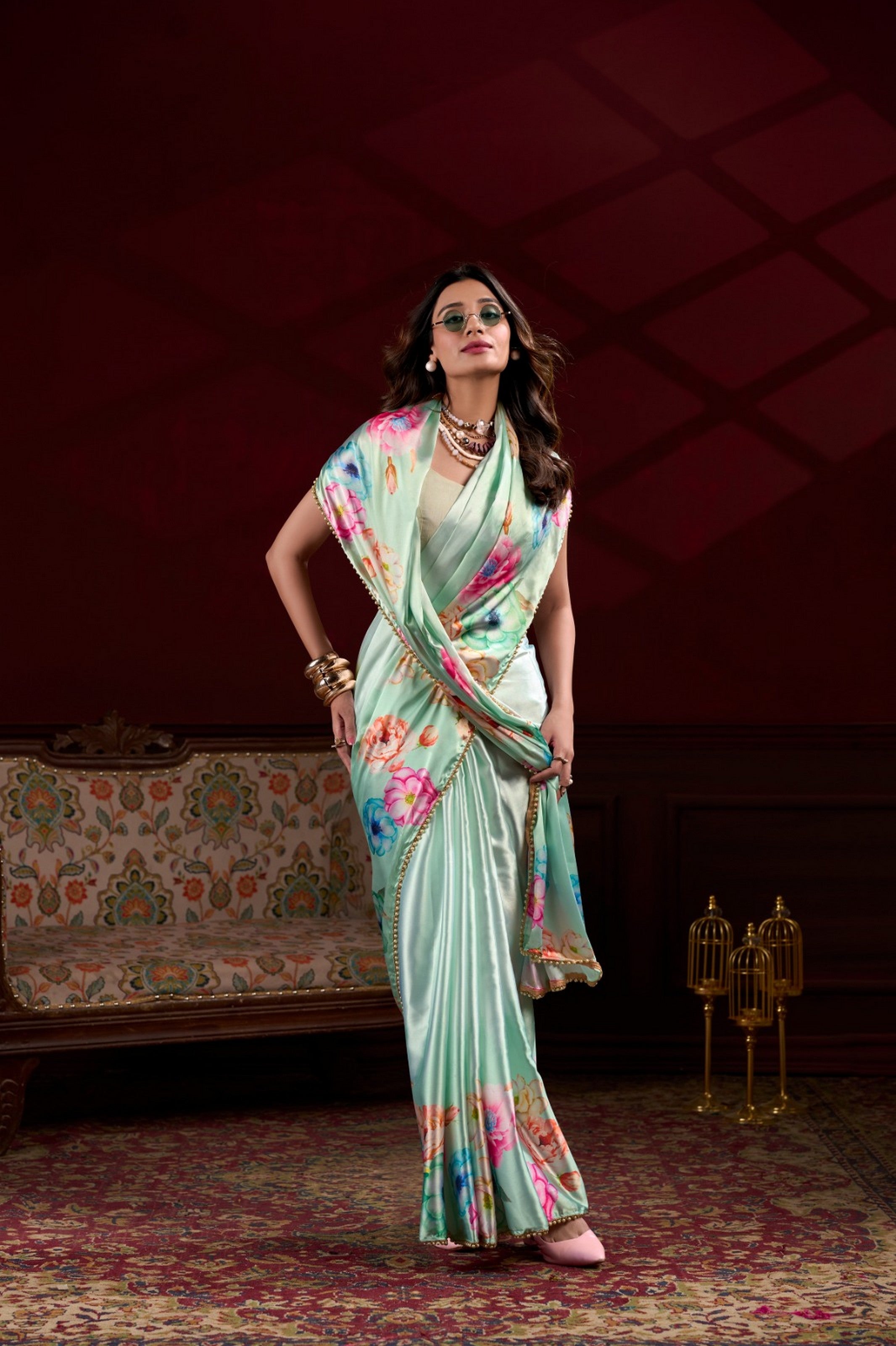 Sky Blue Beautiful Floral Printed Japan Satin Silk Graceful Evening Party Saree
